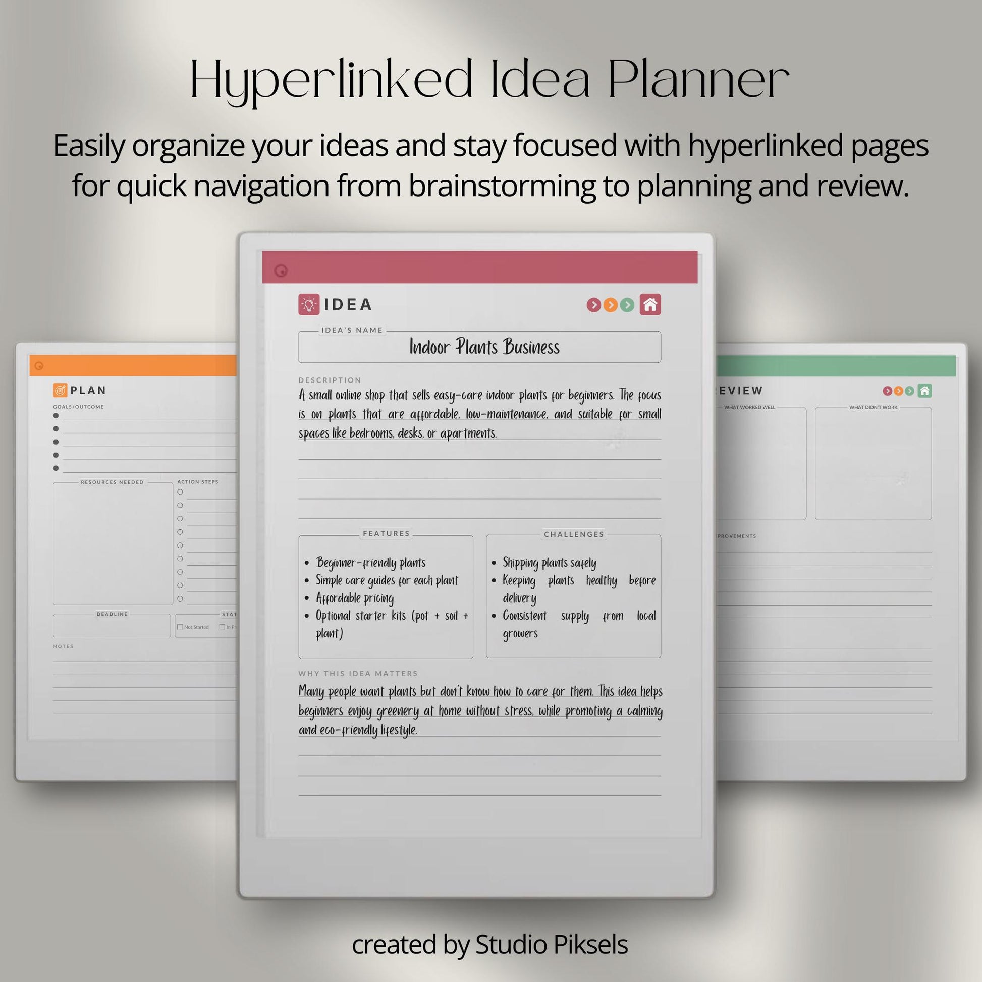 Capture and organize ideas using a hyperlinked idea planner on reMarkable Paper Pro.