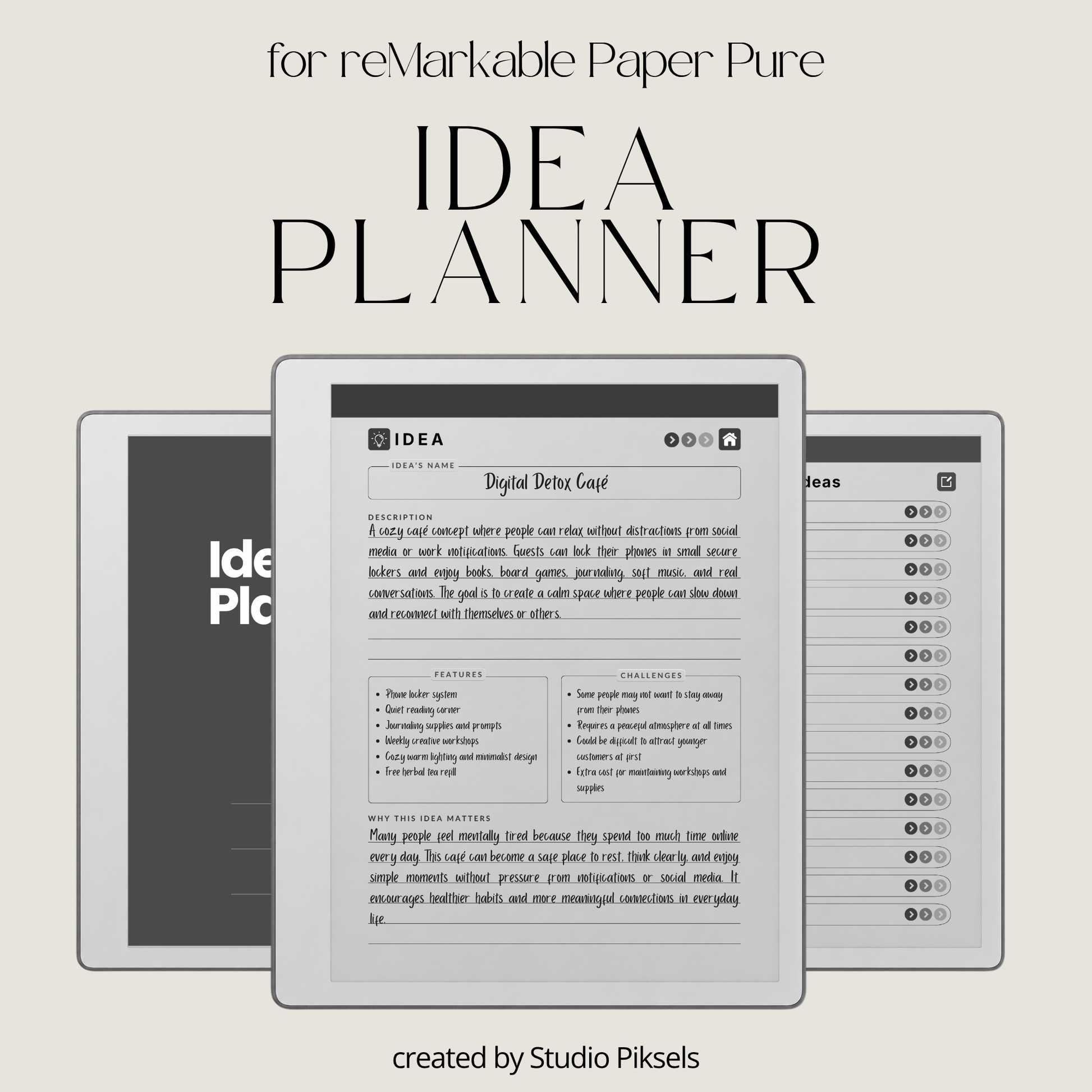 Idea Planner PDF for reMarkable Paper Pure and reMarkable 2 with hyperlinked planning pages and brainstorming templates.