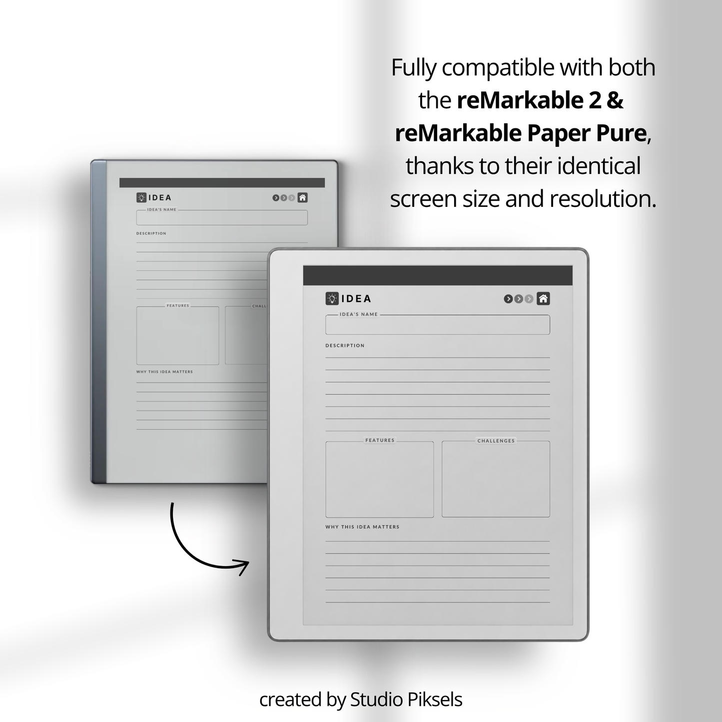 Idea Planner PDF for reMarkable Paper Pure and reMarkable 2 with hyperlinked planning pages and brainstorming templates.
