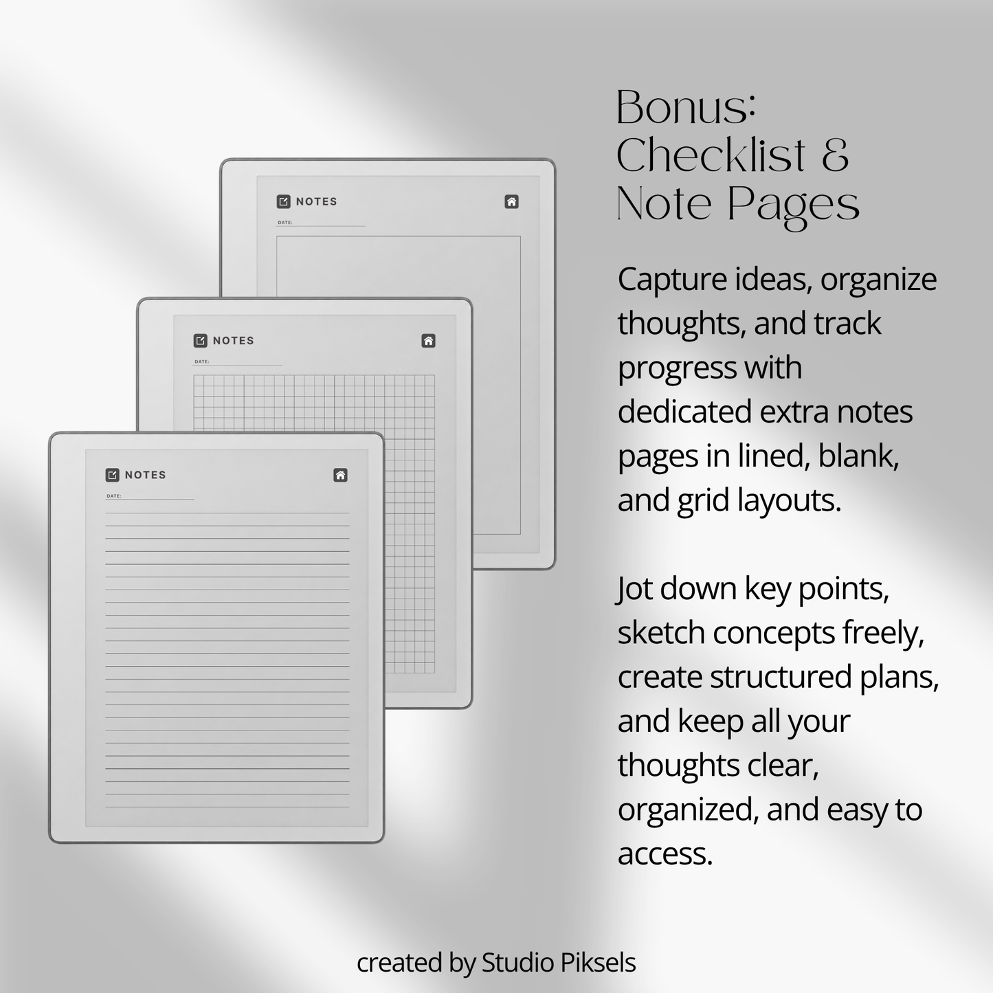Idea Planner PDF for reMarkable Paper Pure and reMarkable 2 with hyperlinked planning pages and brainstorming templates.