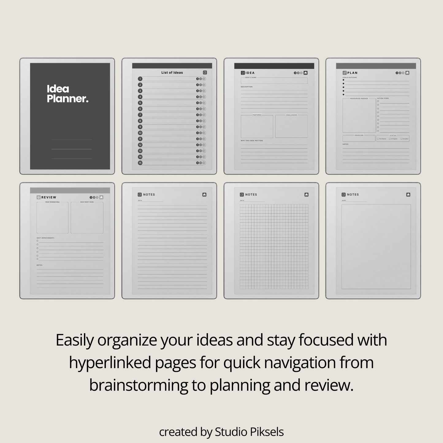 Idea Planner PDF for reMarkable Paper Pure and reMarkable 2 with hyperlinked planning pages and brainstorming templates.