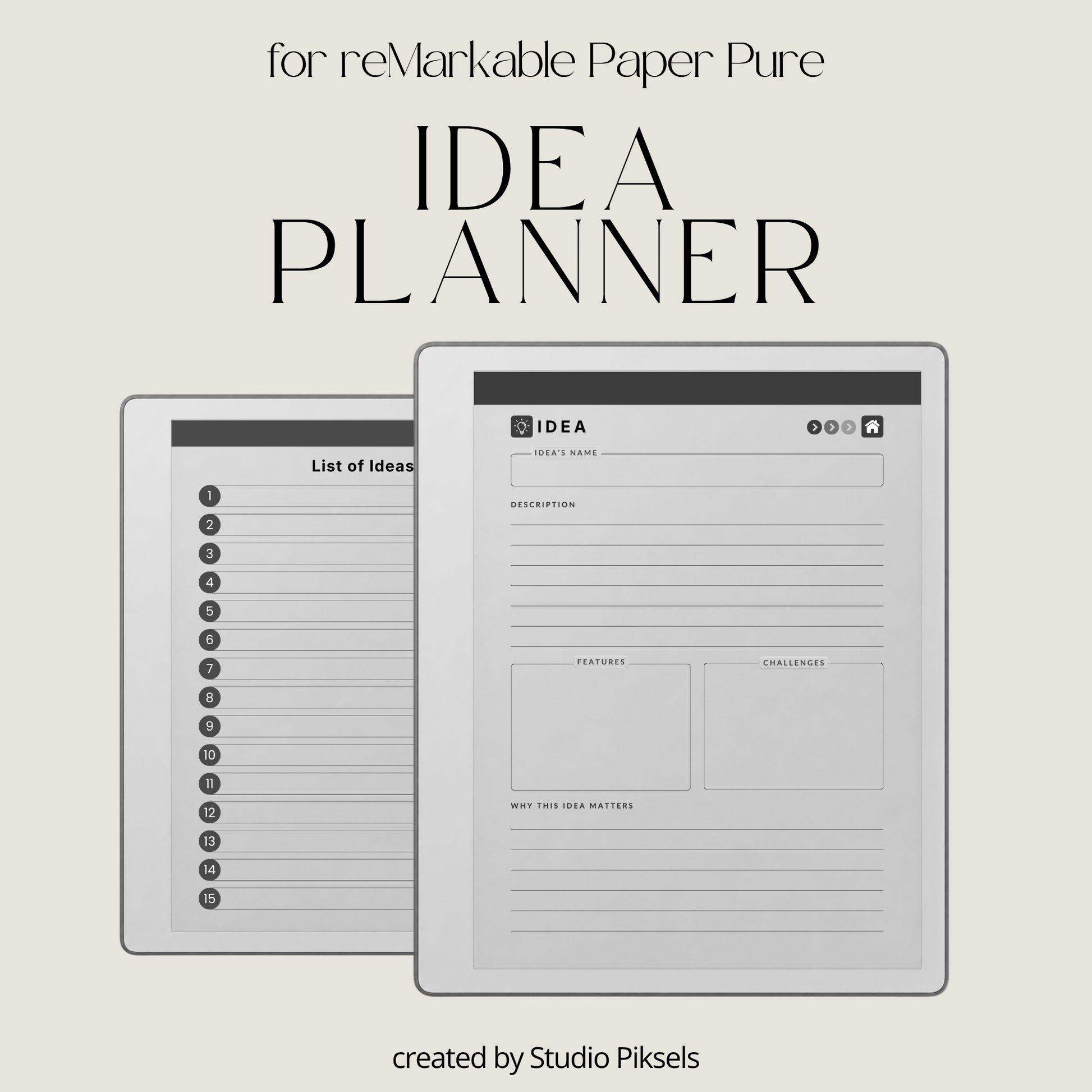 Idea Planner PDF for reMarkable Paper Pure and reMarkable 2 with hyperlinked planning pages and brainstorming templates.