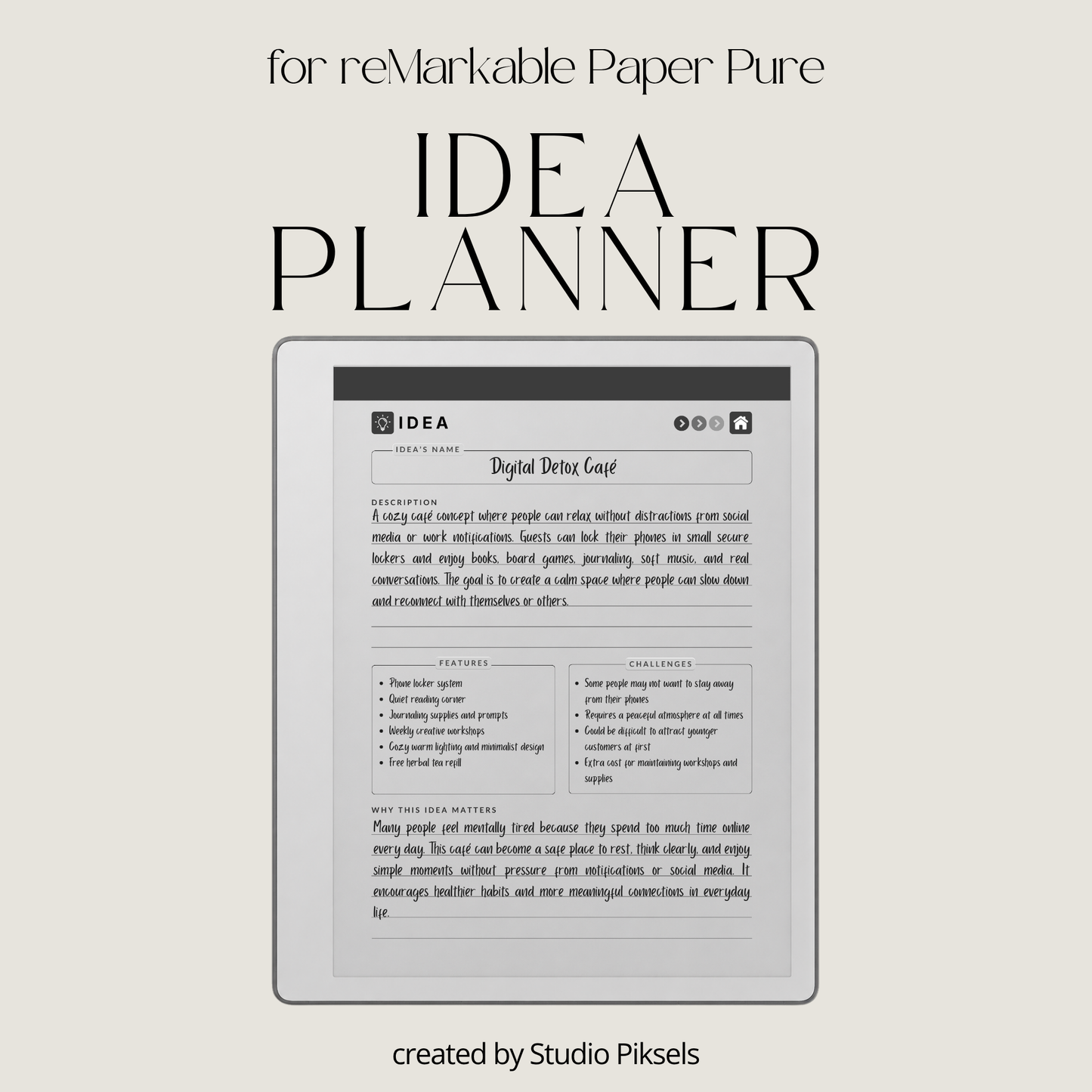 Idea Planner PDF for reMarkable Paper Pure and reMarkable 2 with hyperlinked planning pages and brainstorming templates.