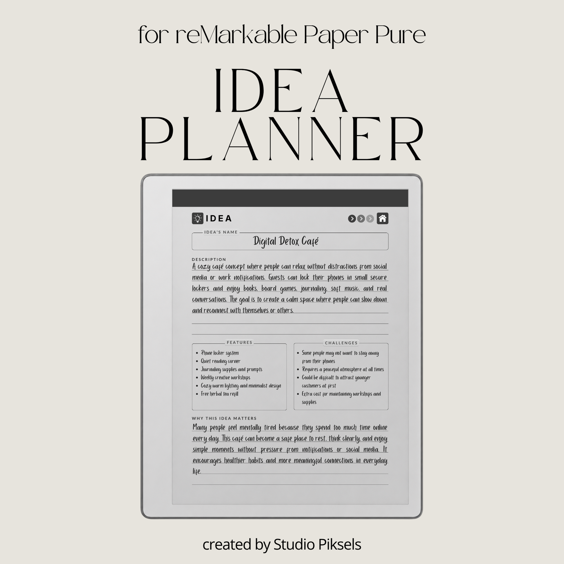 Idea Planner PDF for reMarkable Paper Pure and reMarkable 2 with hyperlinked planning pages and brainstorming templates.