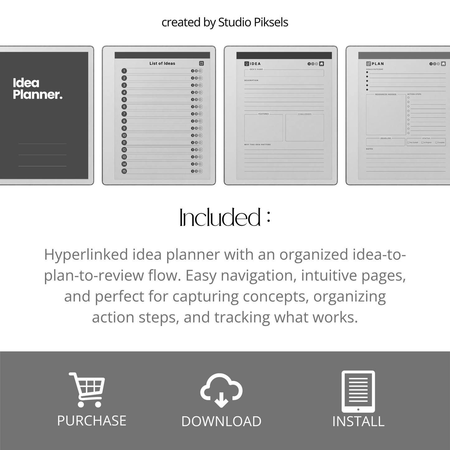 Idea Planner PDF for reMarkable Paper Pure and reMarkable 2 with hyperlinked planning pages and brainstorming templates.
