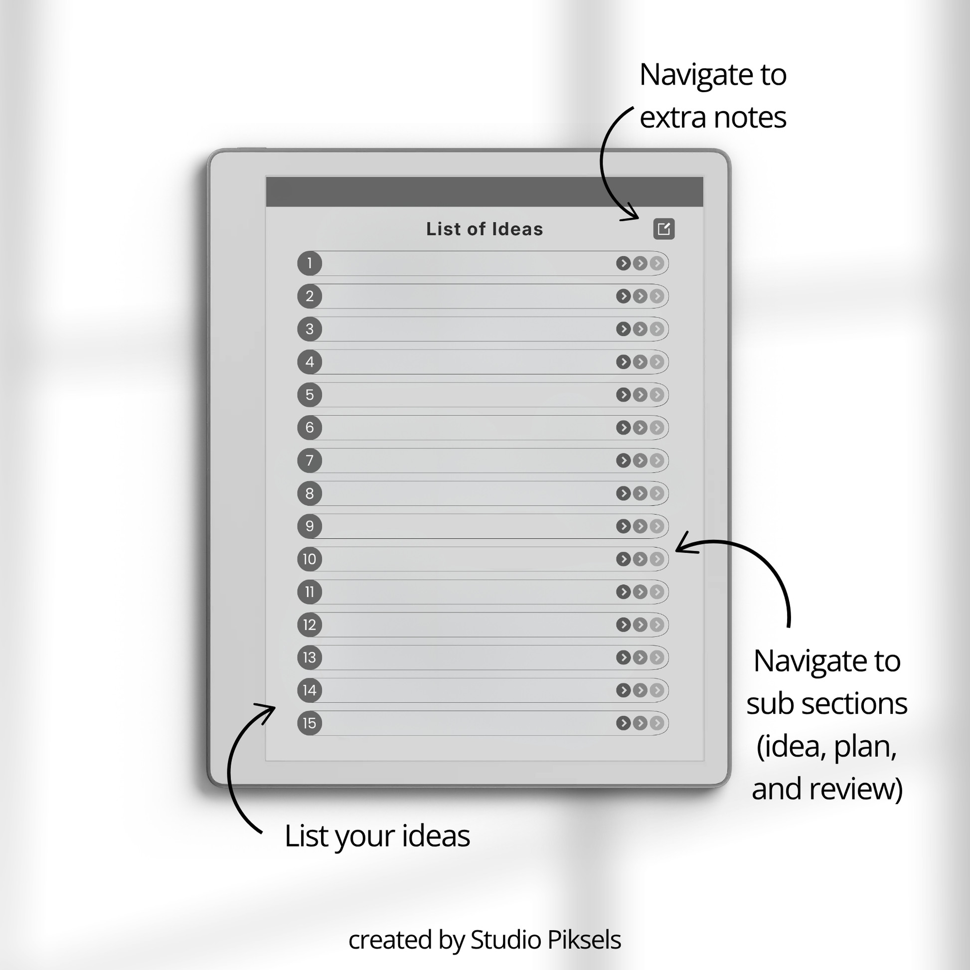 Idea Planner PDF for reMarkable Paper Pure and reMarkable 2 with hyperlinked planning pages and brainstorming templates.