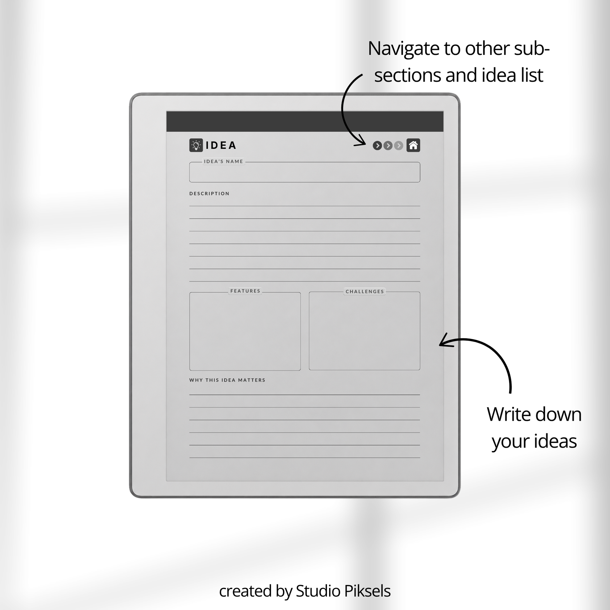 Idea Planner PDF for reMarkable Paper Pure and reMarkable 2 with hyperlinked planning pages and brainstorming templates.