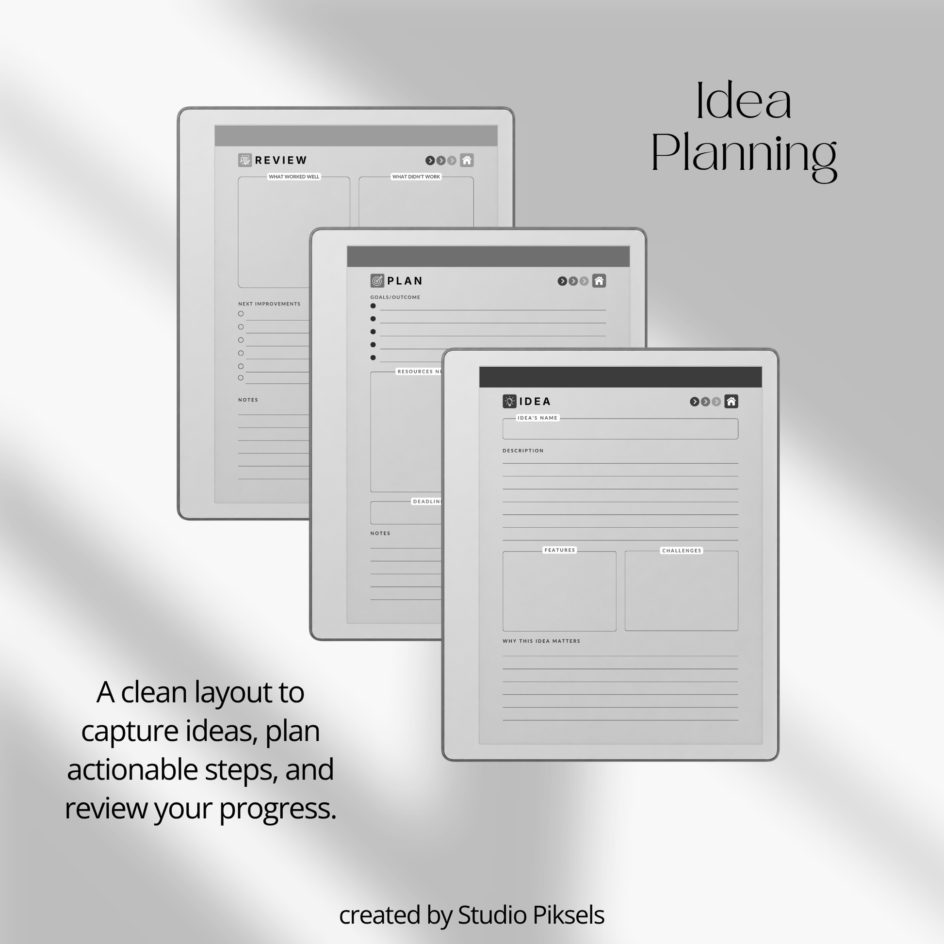 Idea Planner PDF for reMarkable Paper Pure and reMarkable 2 with hyperlinked planning pages and brainstorming templates.