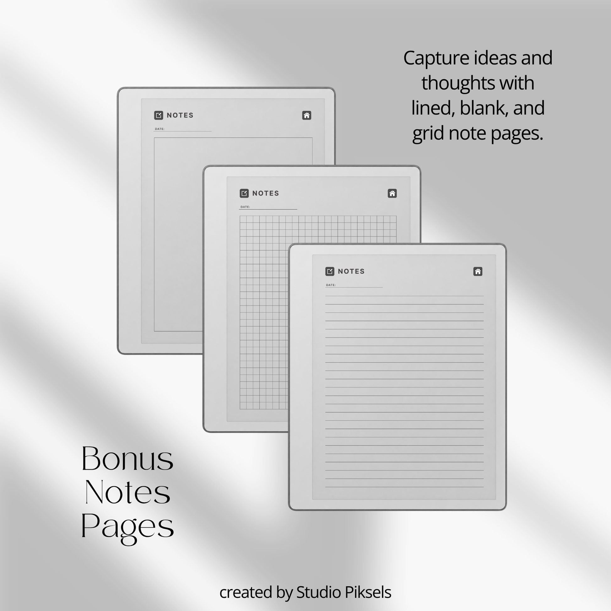 Idea Planner PDF for reMarkable Paper Pure and reMarkable 2 with hyperlinked planning pages and brainstorming templates.
