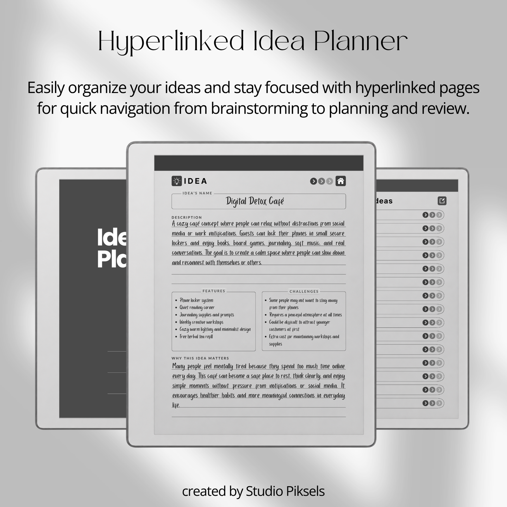 Idea Planner PDF for reMarkable Paper Pure and reMarkable 2 with hyperlinked planning pages and brainstorming templates.