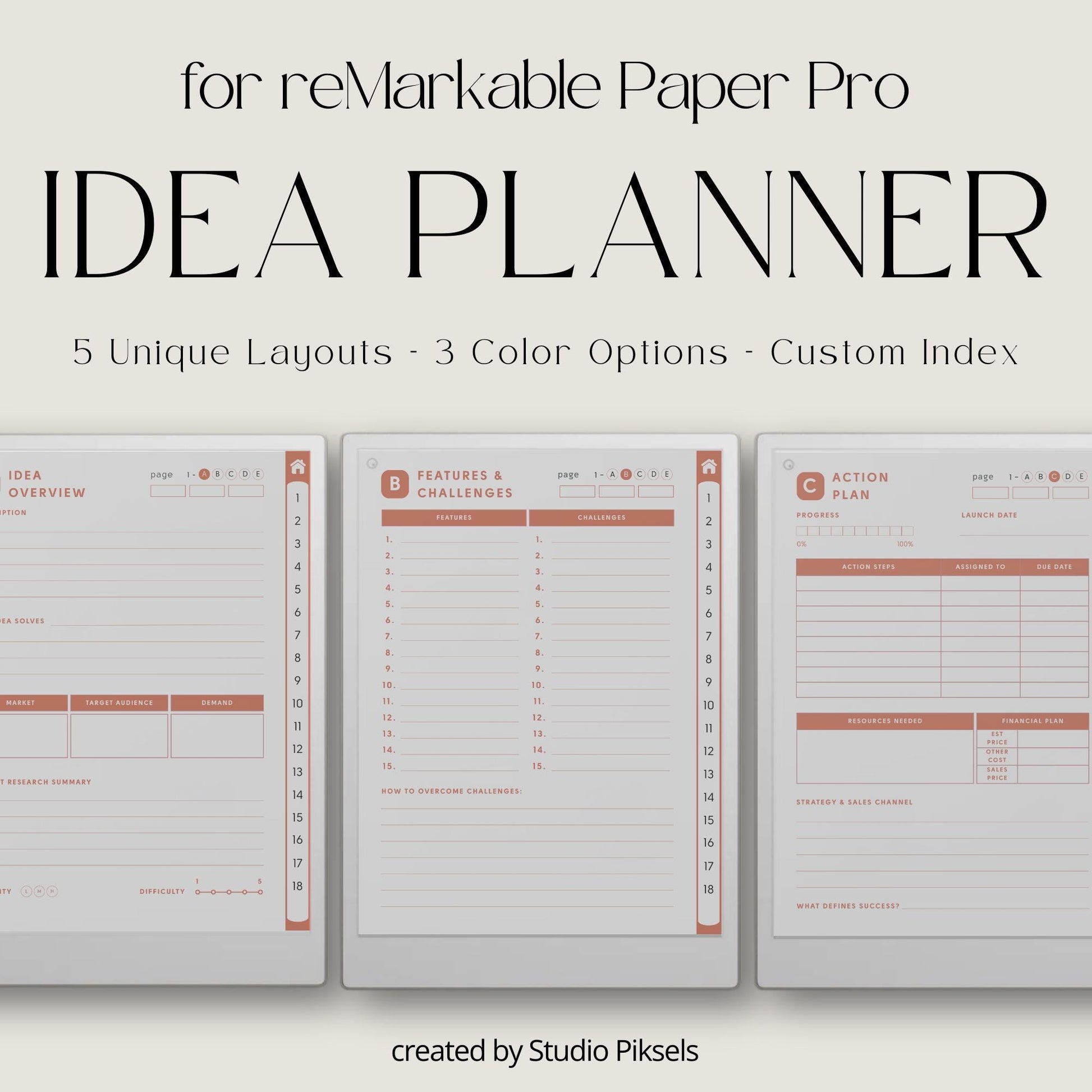 Idea Planners for reMarkable Paper Pro with hyperlinked action plan, launch checklist, brain dump, and structured idea development templates.