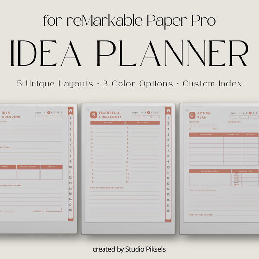 Idea Planners for reMarkable Paper Pro with hyperlinked action plan, launch checklist, brain dump, and structured idea development templates.