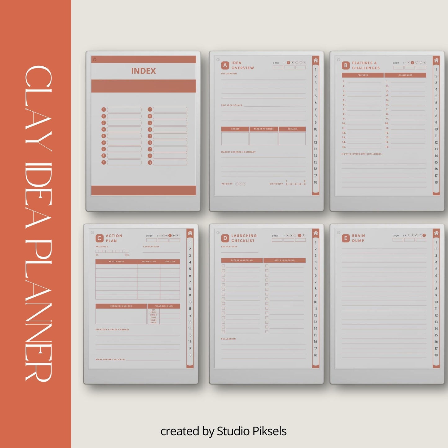 Idea Planners for reMarkable Paper Pro with hyperlinked action plan, launch checklist, brain dump, and structured idea development templates.