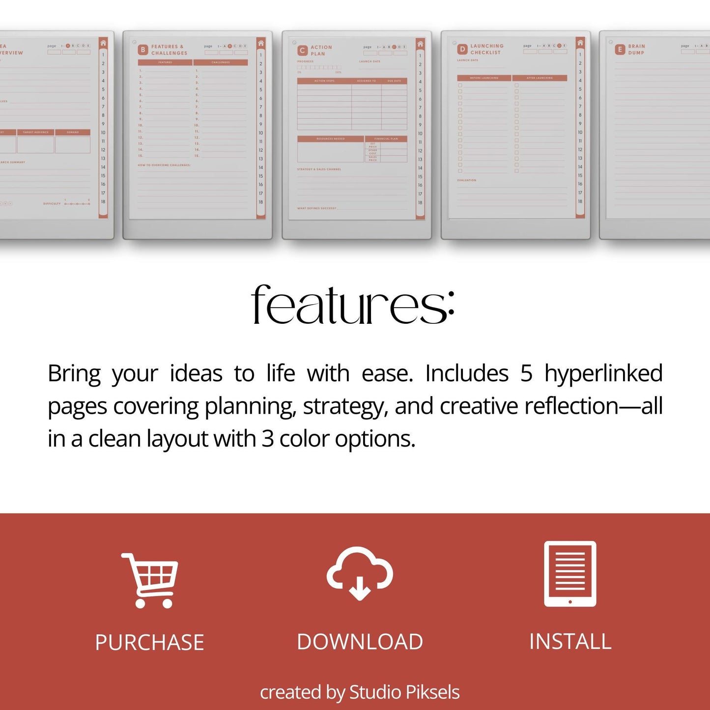 Idea Planners for reMarkable Paper Pro with hyperlinked action plan, launch checklist, brain dump, and structured idea development templates.