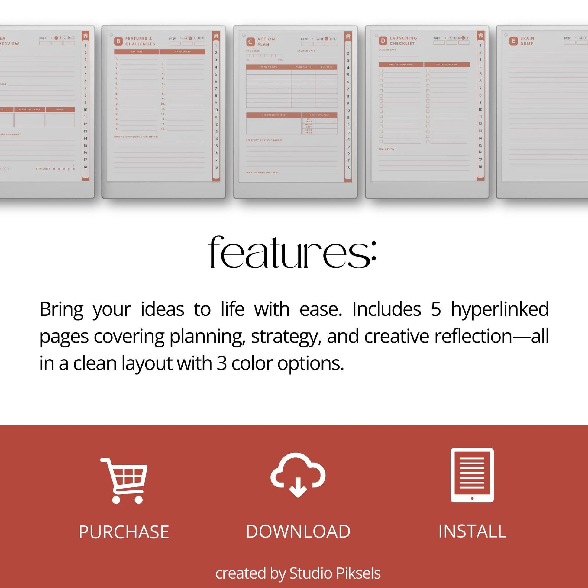 Idea Planners for reMarkable Paper Pro with hyperlinked action plan, launch checklist, brain dump, and structured idea development templates.