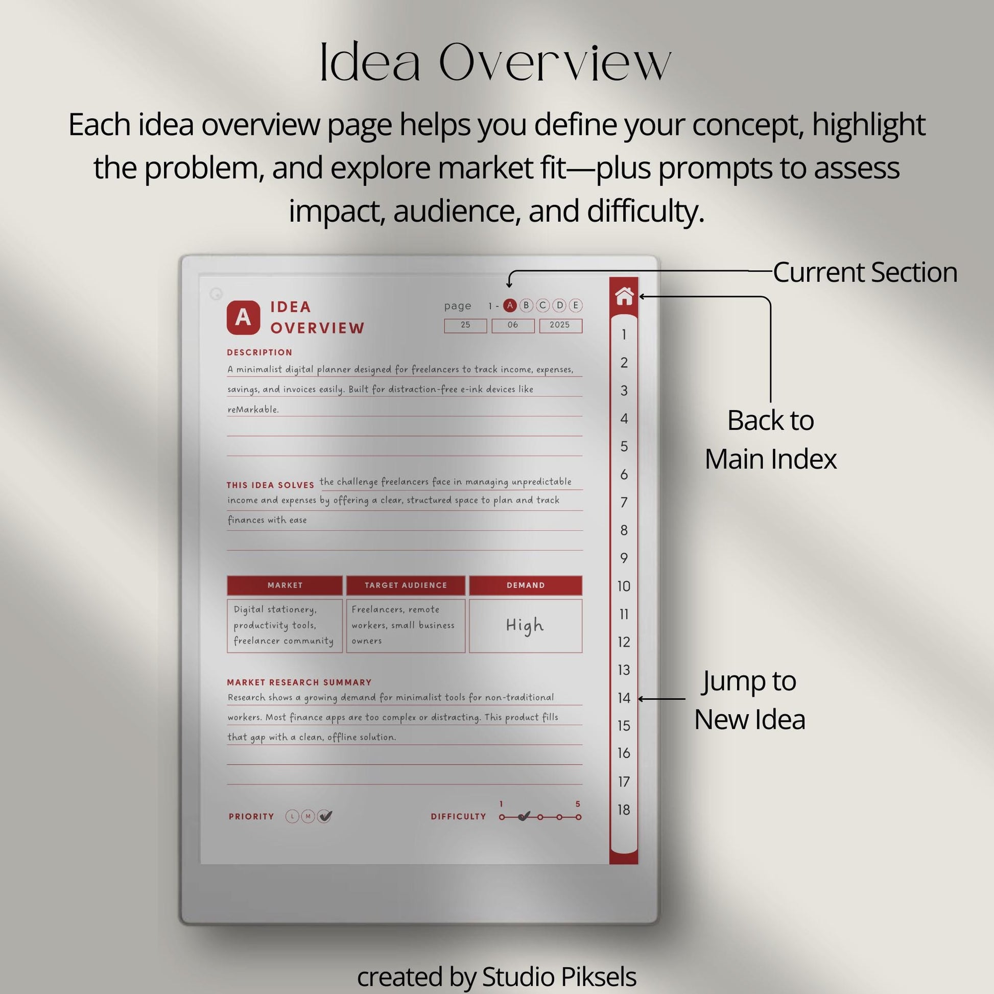 Idea Planners for reMarkable Paper Pro with hyperlinked action plan, launch checklist, brain dump, and structured idea development templates.