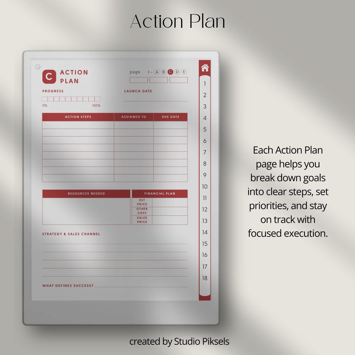 Idea Planners for reMarkable Paper Pro with hyperlinked action plan, launch checklist, brain dump, and structured idea development templates.
