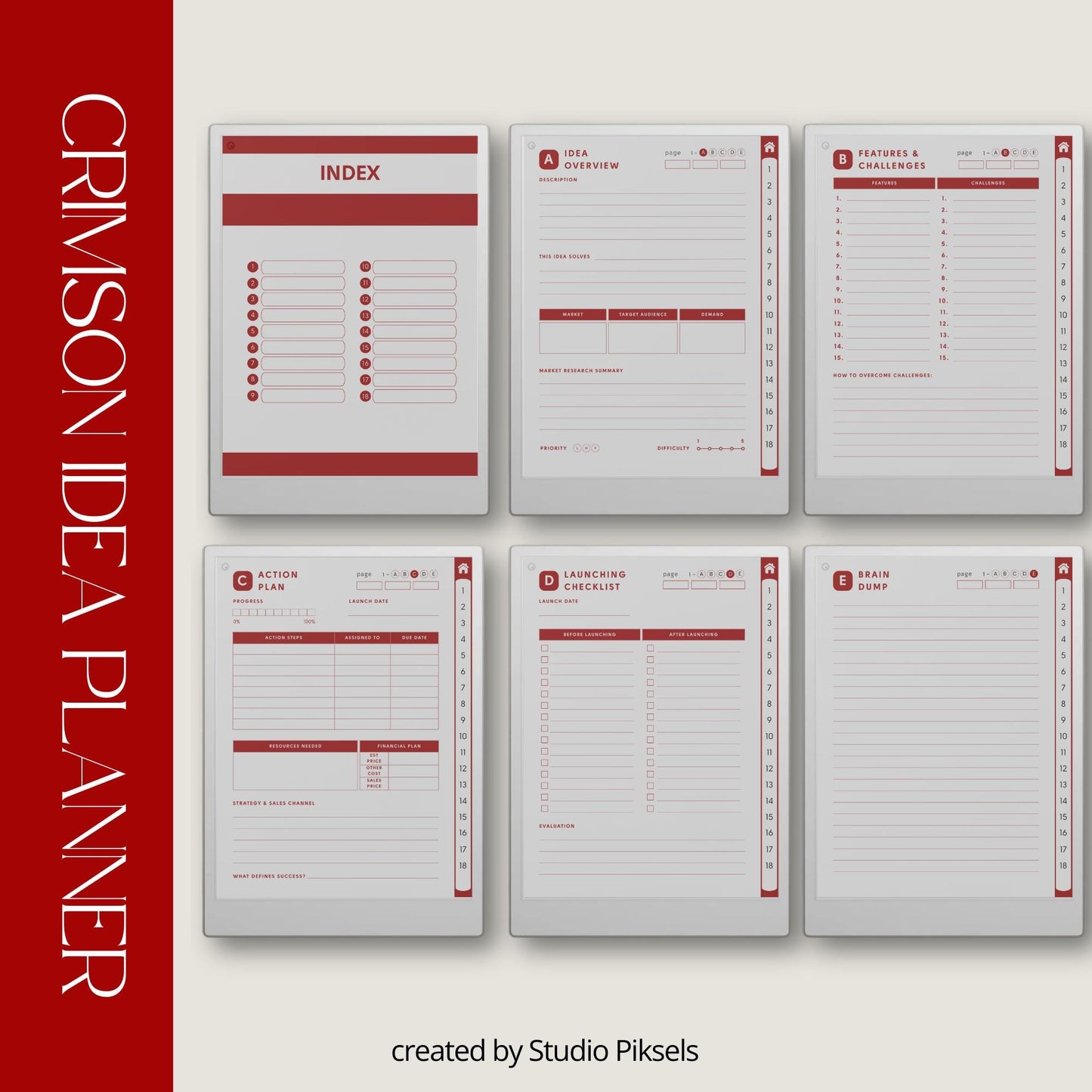 Idea Planners for reMarkable Paper Pro with hyperlinked action plan, launch checklist, brain dump, and structured idea development templates.