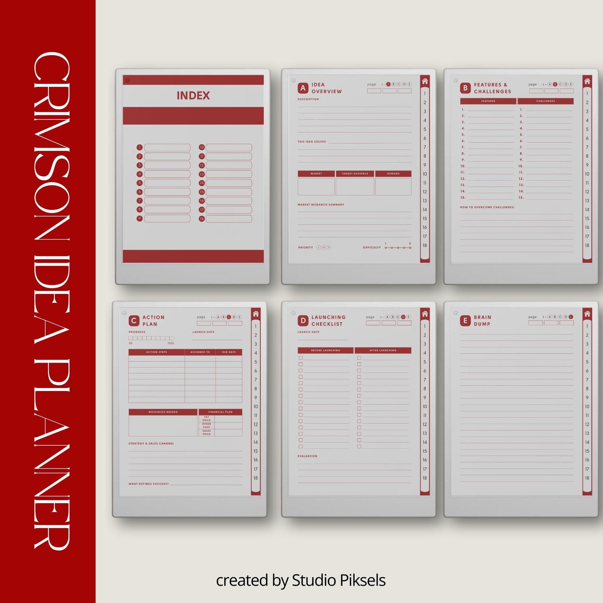 Idea Planners for reMarkable Paper Pro with hyperlinked action plan, launch checklist, brain dump, and structured idea development templates.