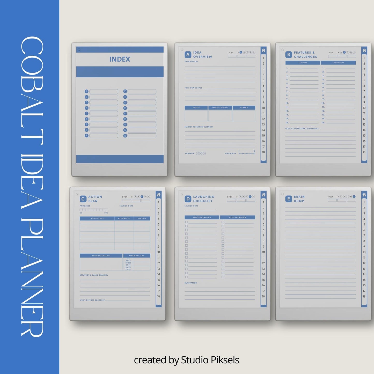 Idea Planners for reMarkable Paper Pro with hyperlinked action plan, launch checklist, brain dump, and structured idea development templates.