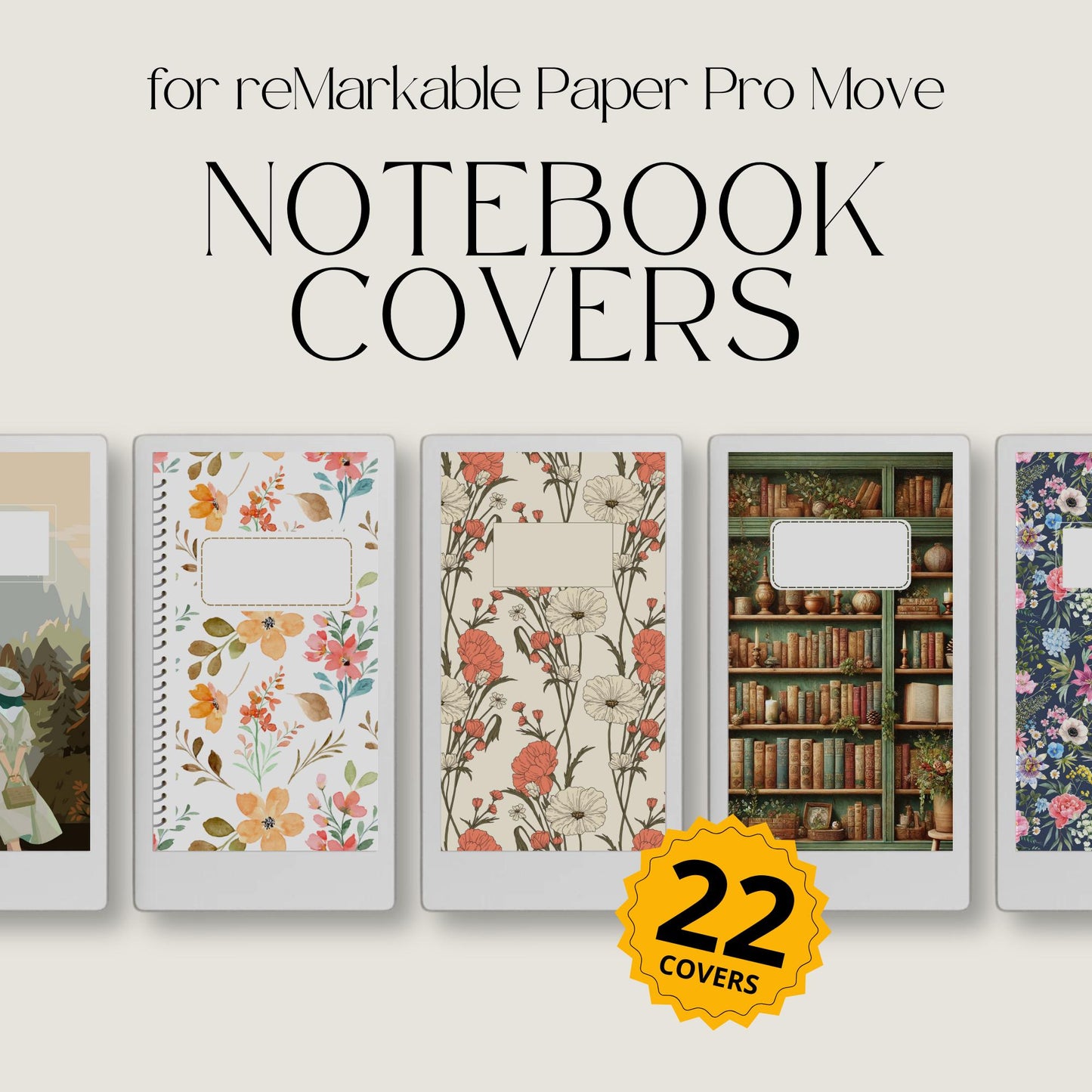 Illustrated notebook cover bundle for the reMarkable Paper Pro Move featuring 22 artistic digital covers, floral patterns, and library organization styles.