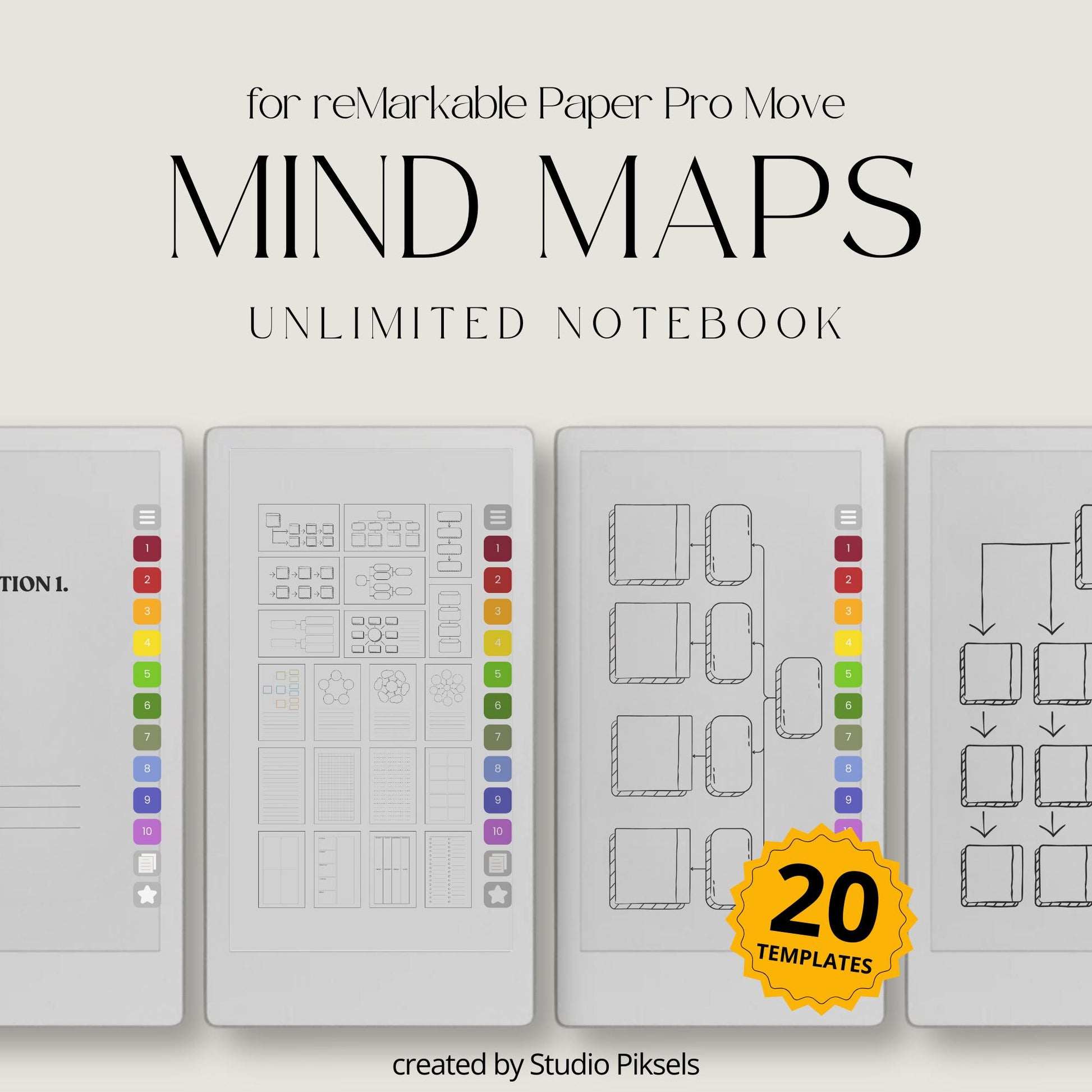 Mind map notebook for reMarkable Paper Pro Move with hyperlinked visual planning templates.