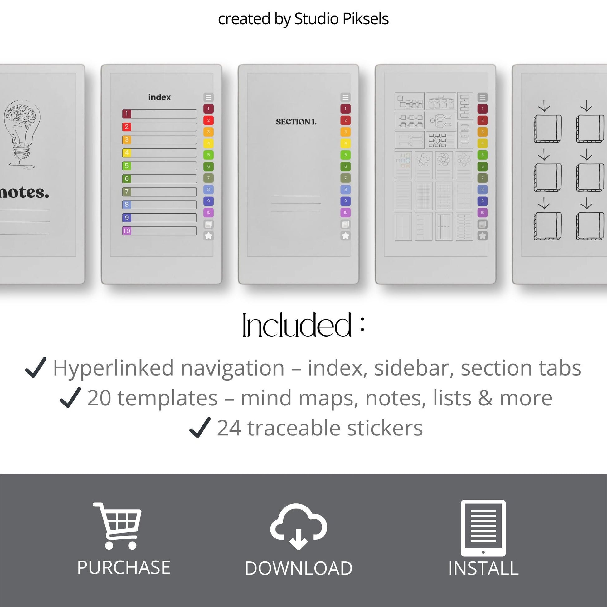 Mind map notebook for reMarkable Paper Pro Move with hyperlinked visual planning templates.