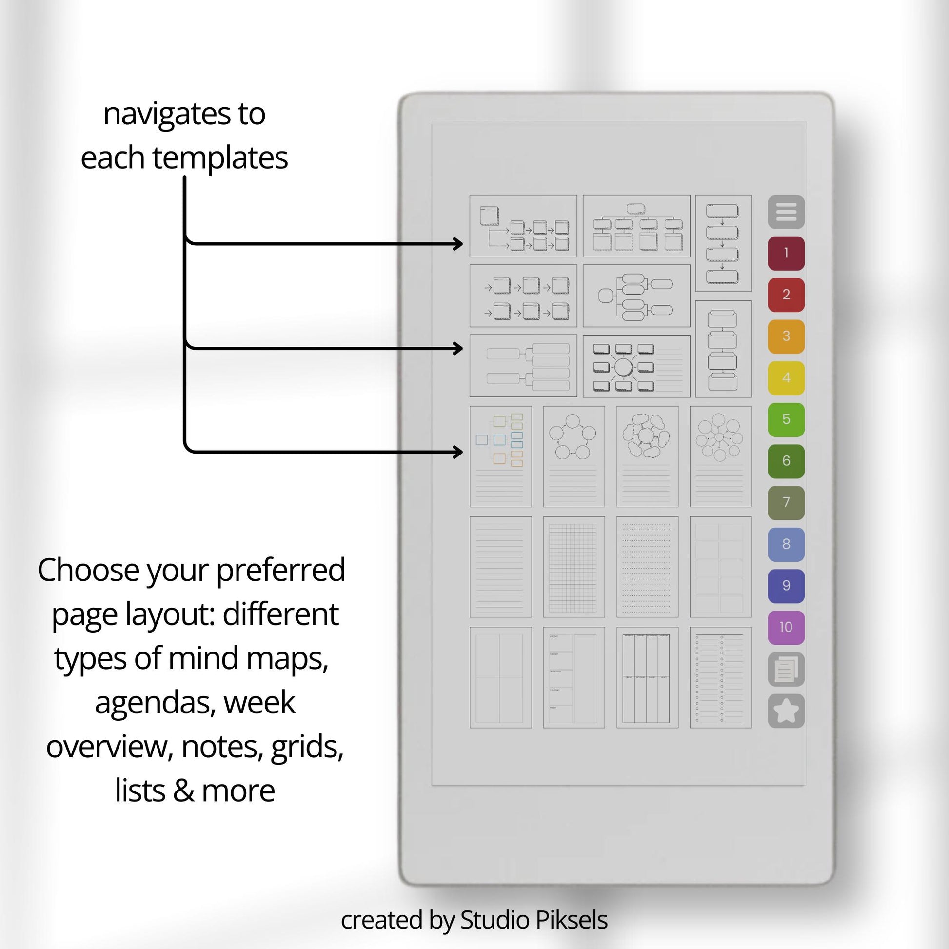 Mind map notebook for reMarkable Paper Pro Move with hyperlinked visual planning templates.