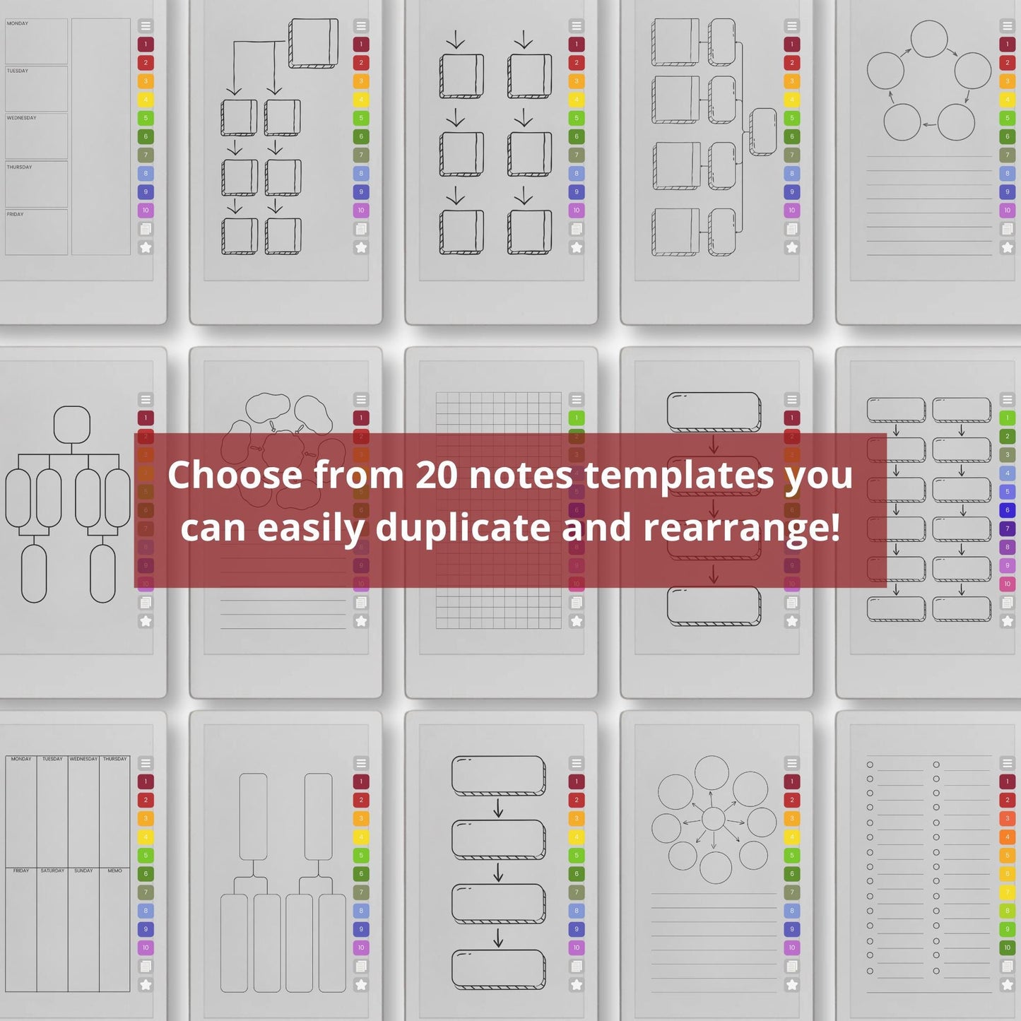Mind map notebook for reMarkable Paper Pro Move with hyperlinked visual planning templates.