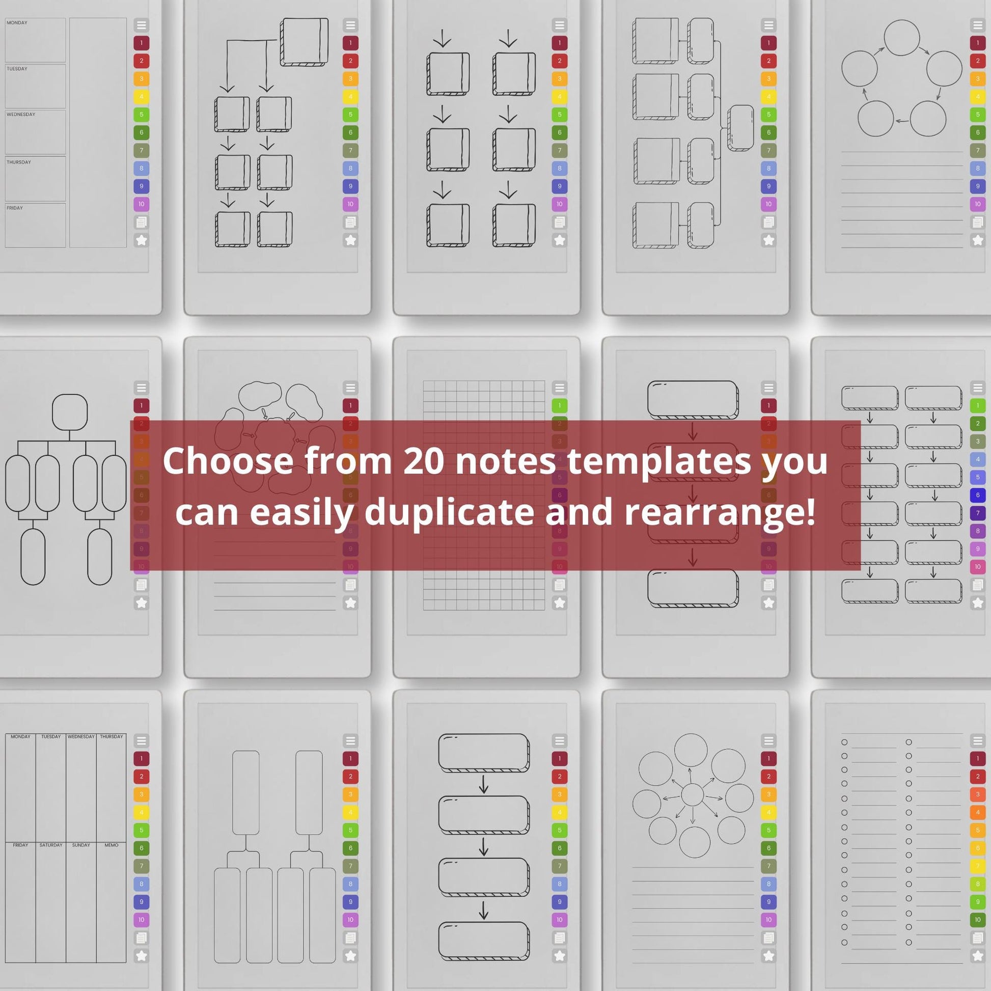 Mind map notebook for reMarkable Paper Pro Move with hyperlinked visual planning templates.