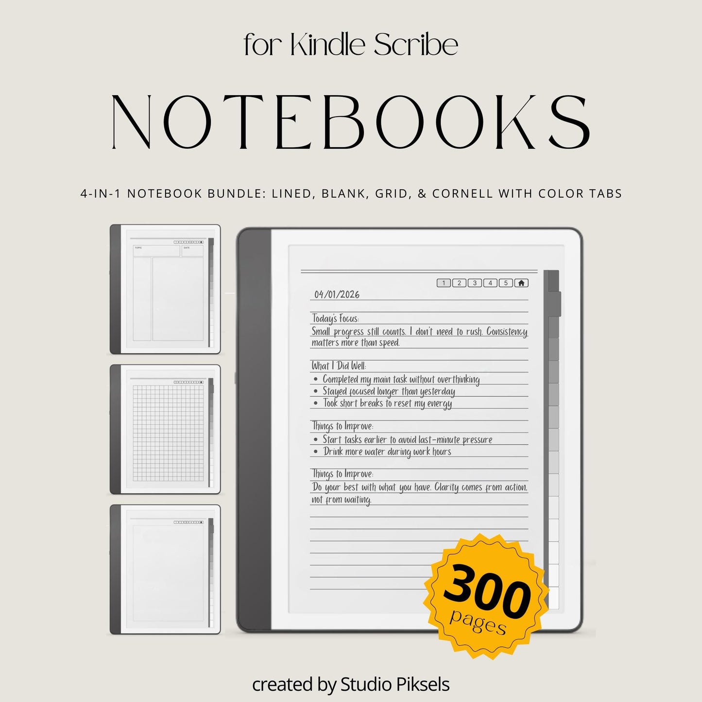4-in-1 Hyperlinked Notebook Bundle for Kindle Scribe with lined, blank, grid, and Cornell notes layouts and tabbed digital navigation.