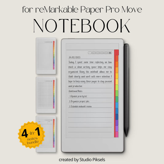 4-in-1 hyperlinked notebooks for reMarkable Paper Pro Move with color tabs featuring lined, grid, blank, and Cornell layouts.