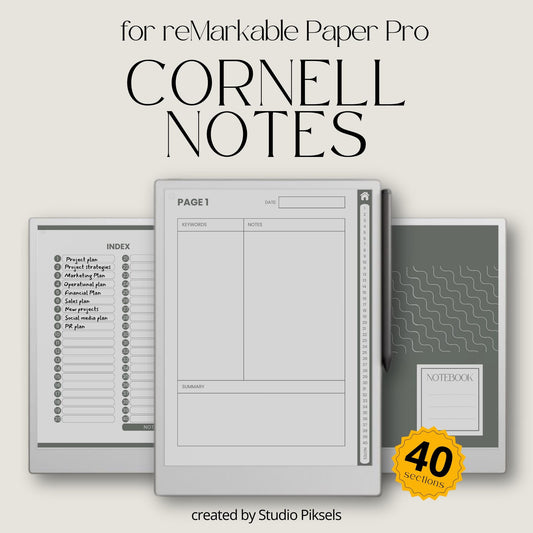 Interactive Cornell Notes Bundle for reMarkable Paper Pro with hyperlinked notebook sections, Cornell note-taking templates, clickable navigation tabs, and organized digital study layouts. 