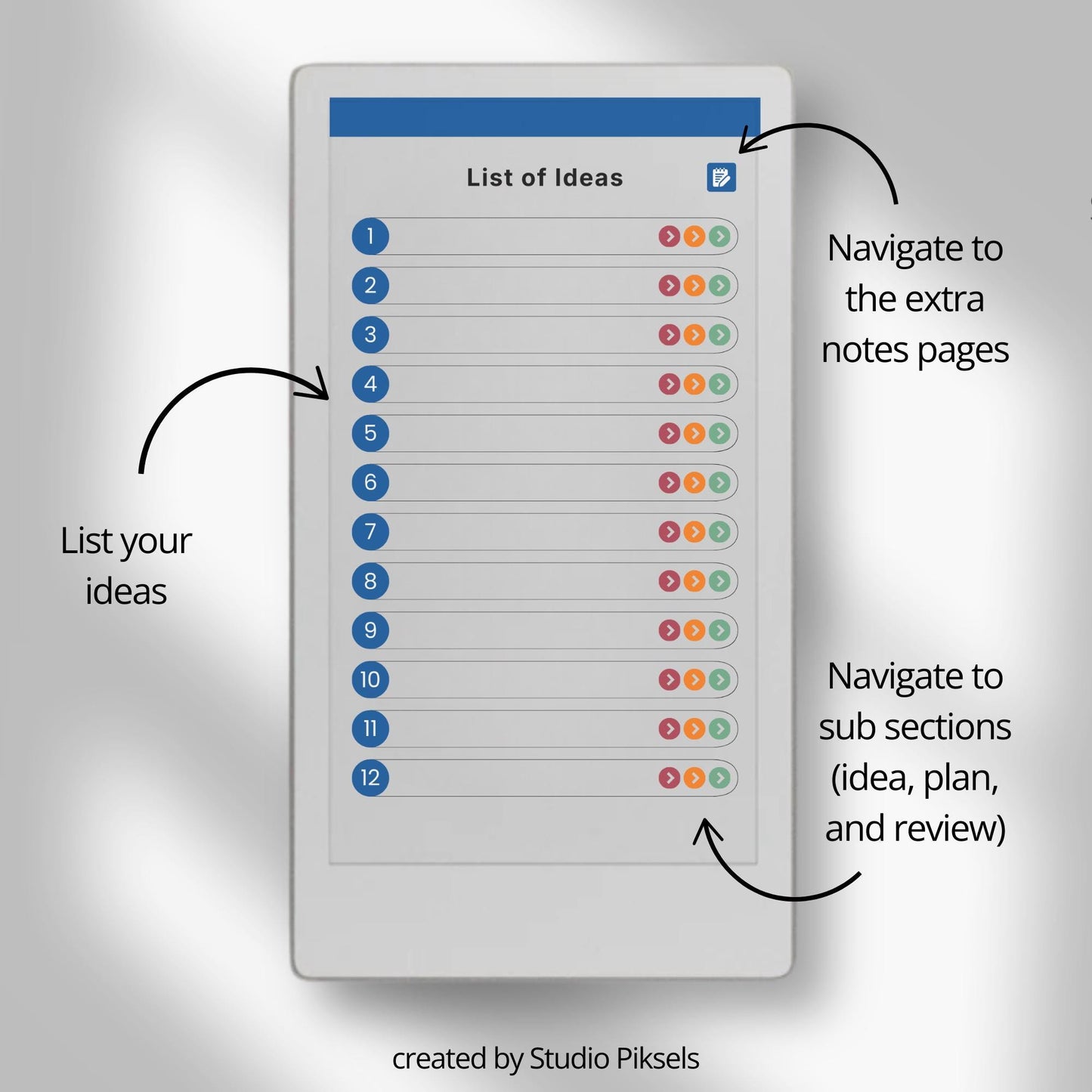 Organize ideas and projects using a hyperlinked idea planner on reMarkable Paper Pro Move.
