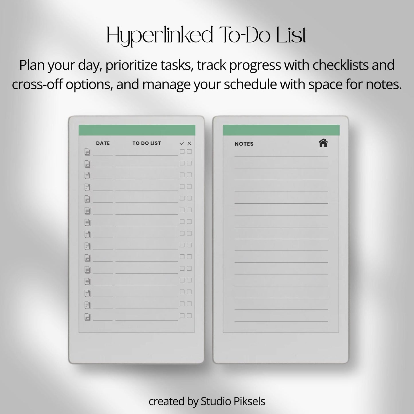 Interactive to-do list notebook for reMarkable Paper Pro Move with linked task notes pages.
