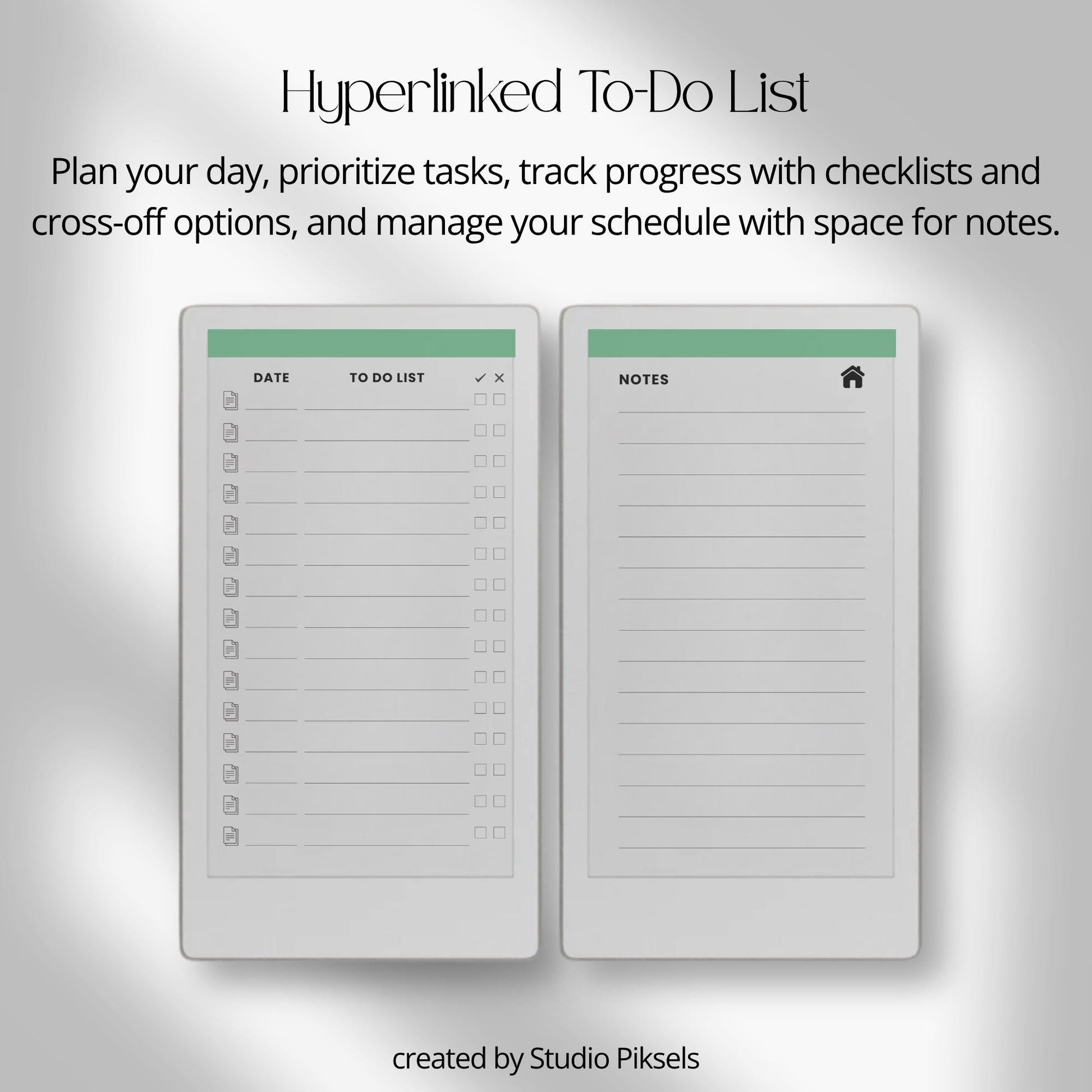 Interactive to-do list notebook for reMarkable Paper Pro Move with linked task notes pages.