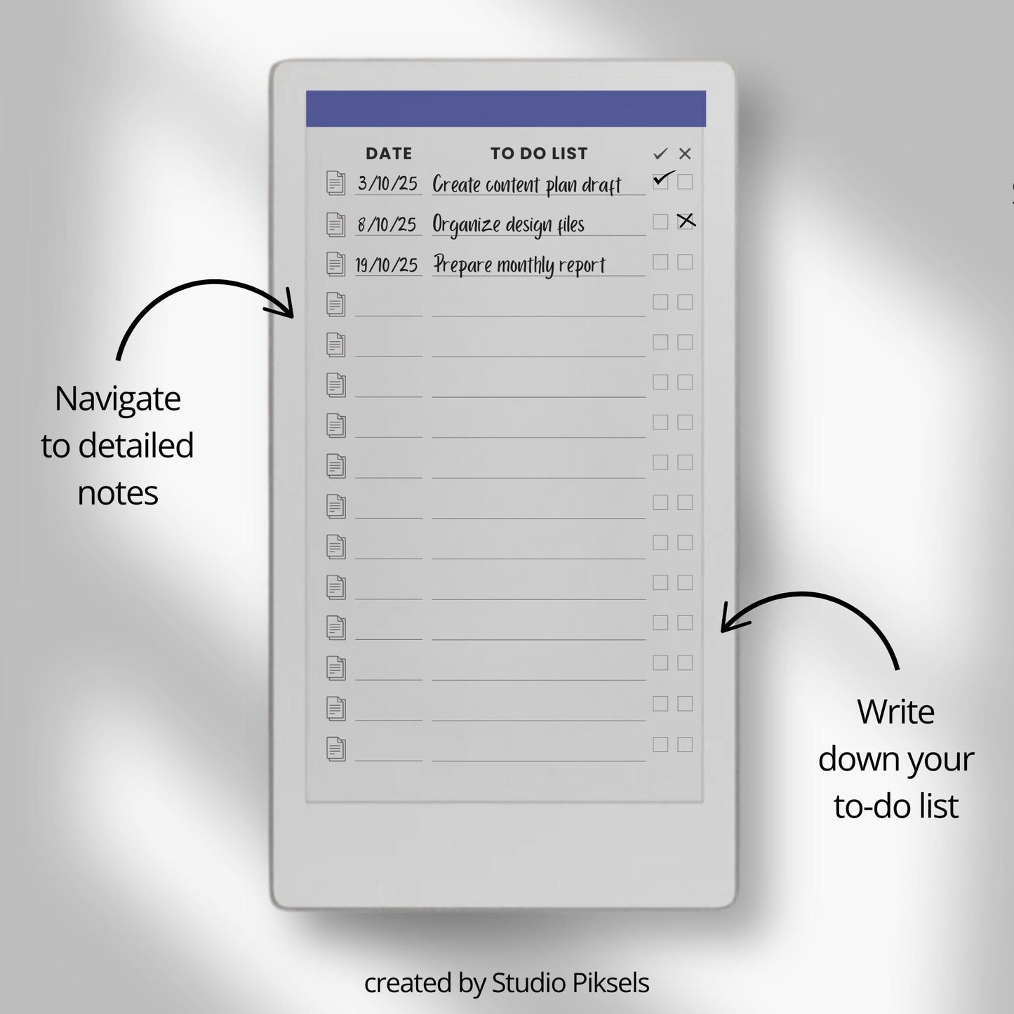 Interactive to-do list notebook for reMarkable Paper Pro Move with linked task notes pages.