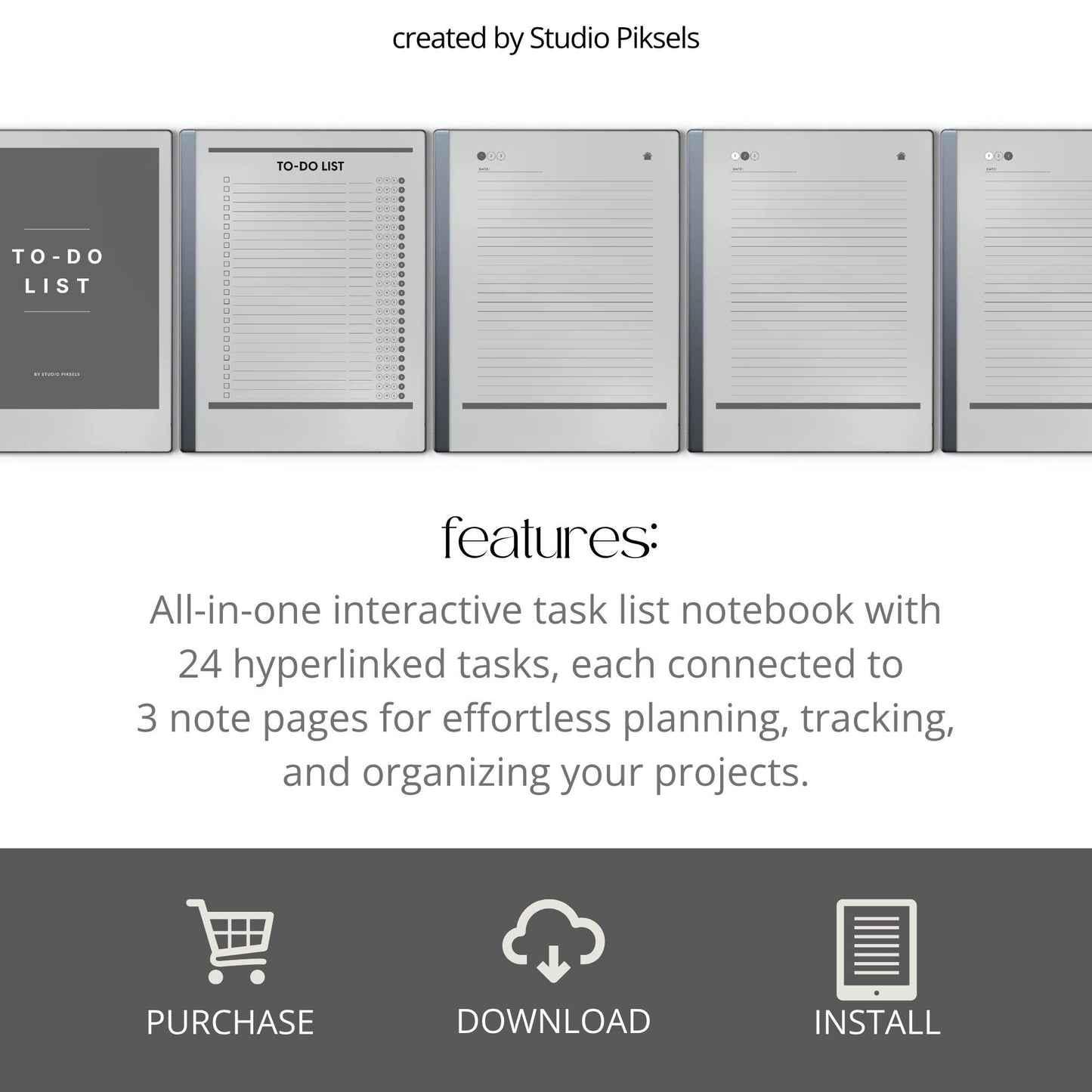 To do list notebook for reMarkable 1 and 2 with hyperlinked tasks and linked notes pages.