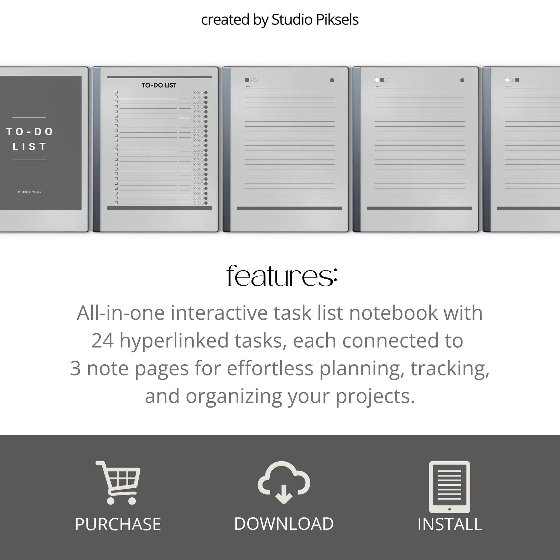 To do list notebook for reMarkable 1 and 2 with hyperlinked tasks and linked notes pages.