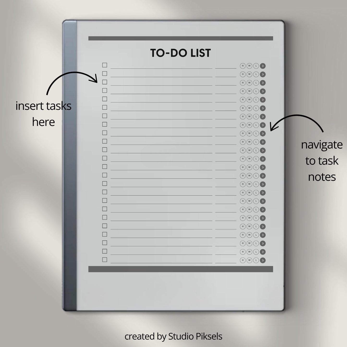 To do list notebook for reMarkable 1 and 2 with hyperlinked tasks and linked notes pages.