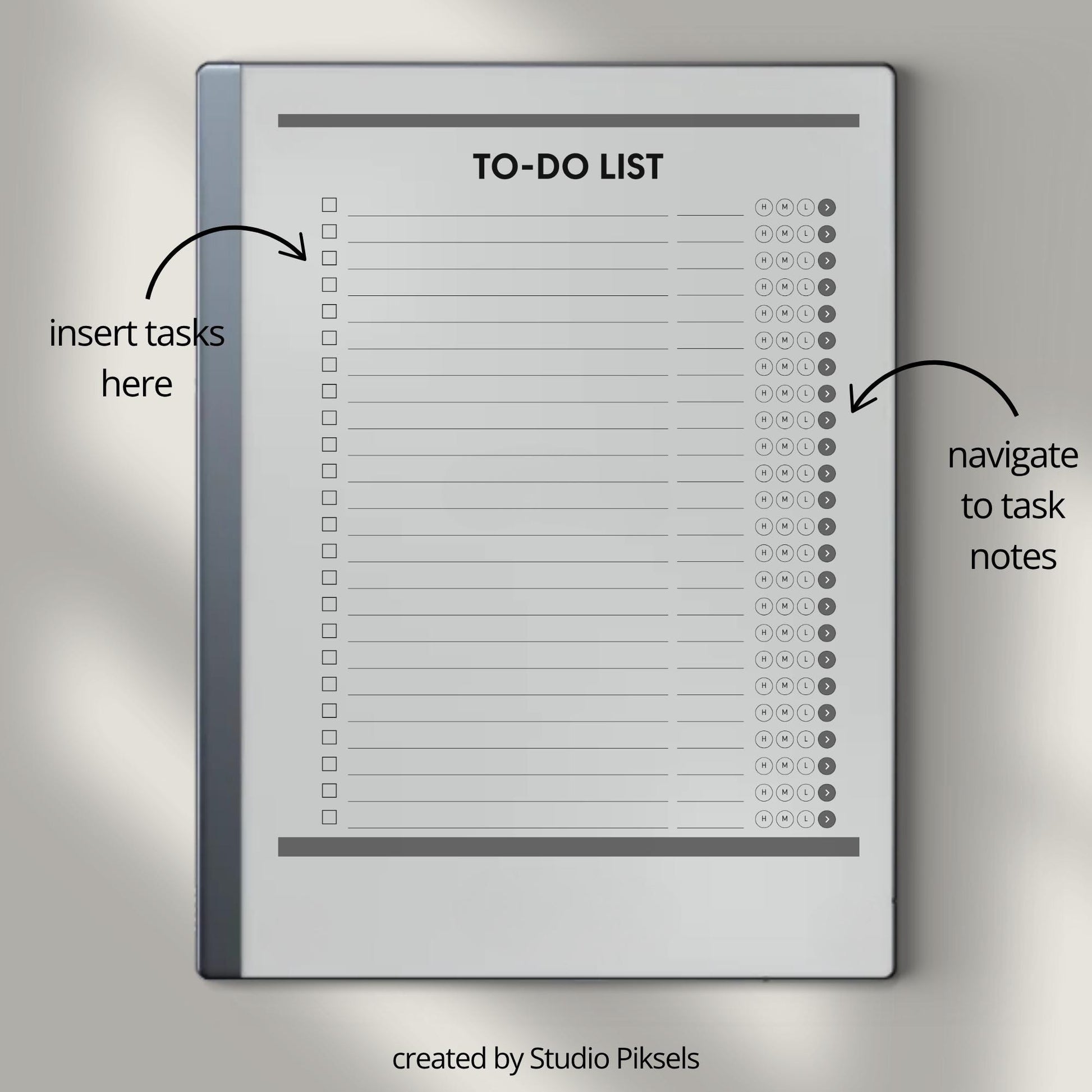 To do list notebook for reMarkable 1 and 2 with hyperlinked tasks and linked notes pages.