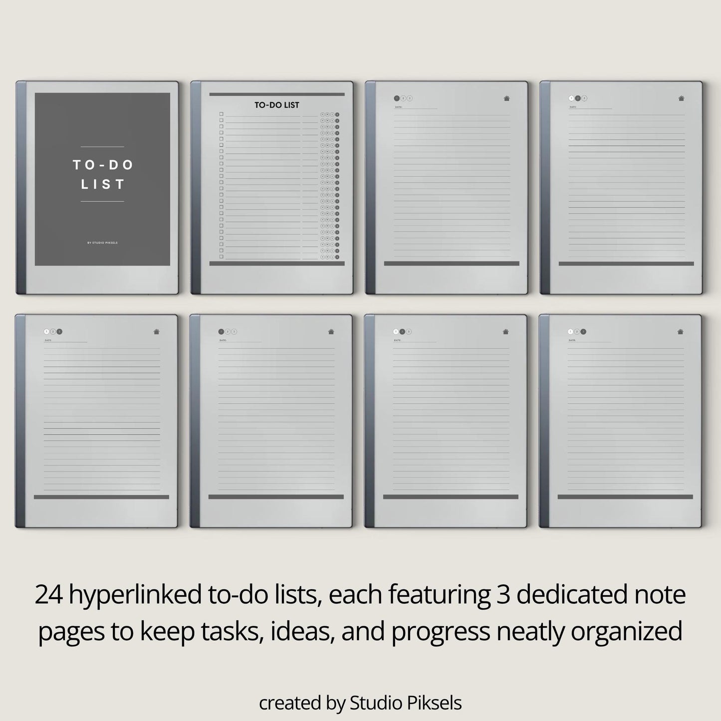 To do list notebook for reMarkable 1 and 2 with hyperlinked tasks and linked notes pages.