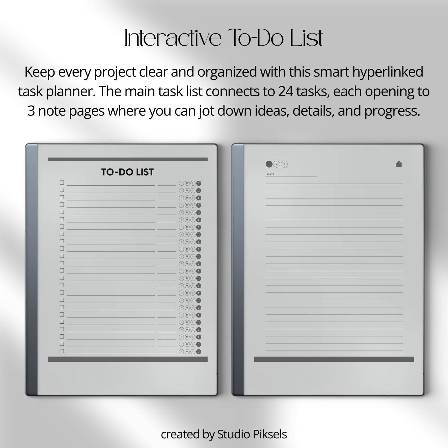 To do list notebook for reMarkable 1 and 2 with hyperlinked tasks and linked notes pages.