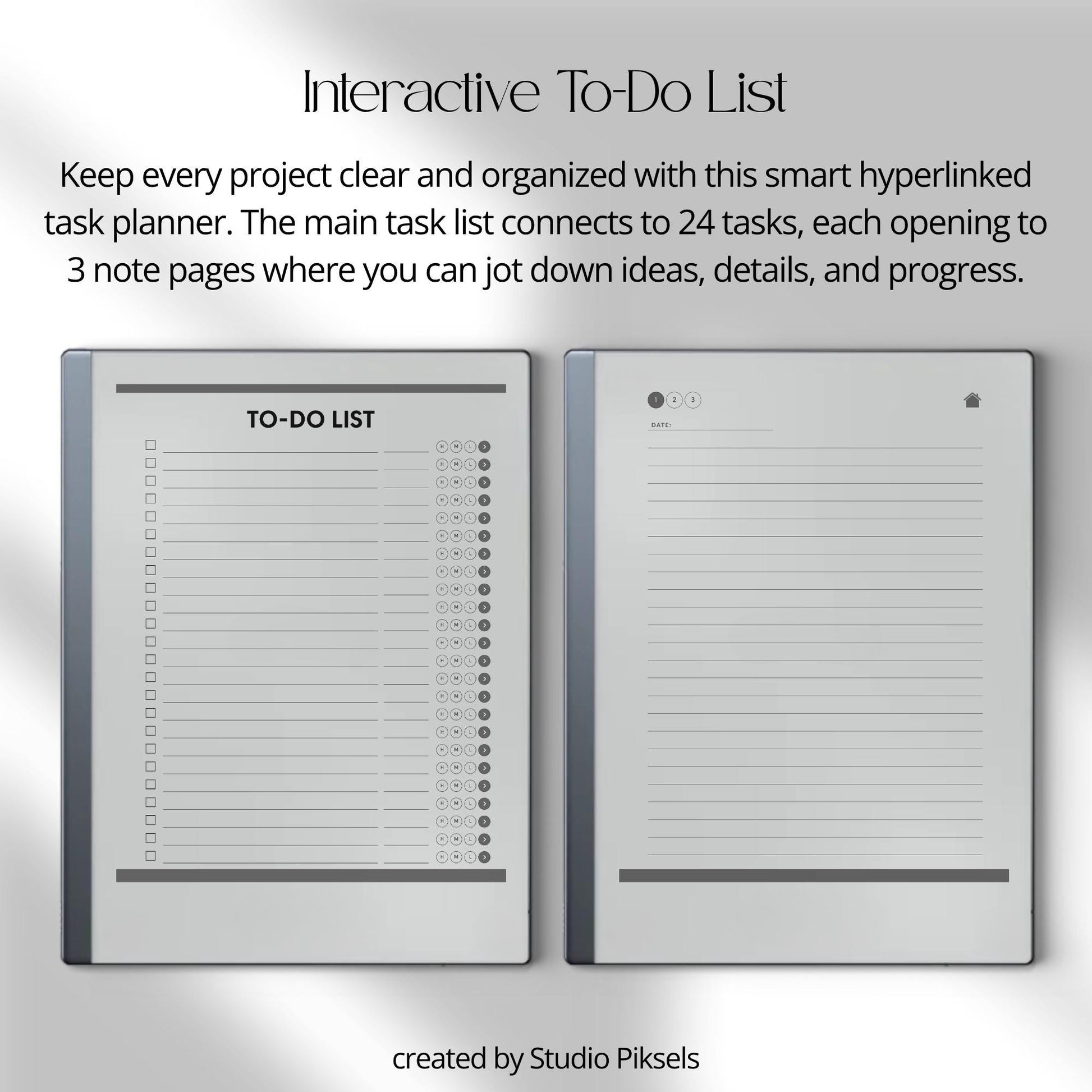 To do list notebook for reMarkable 1 and 2 with hyperlinked tasks and linked notes pages.