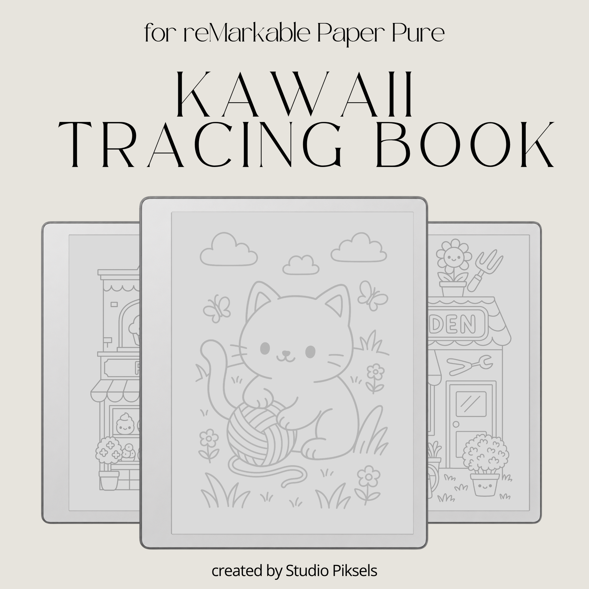 Kawaii tracing book bundle for reMarkable 1, reMarkable 2, and Paper Pure with cute cat life scenes, storefront illustrations, and reusable PDF drawing practice pages.