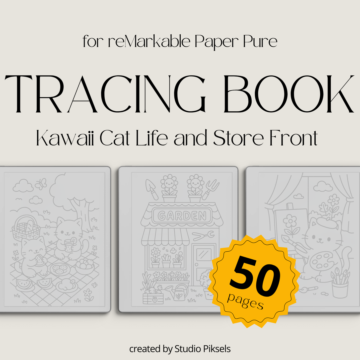 Kawaii tracing book bundle for reMarkable 1, reMarkable 2, and Paper Pure with cute cat life scenes, storefront illustrations, and reusable PDF drawing practice pages.