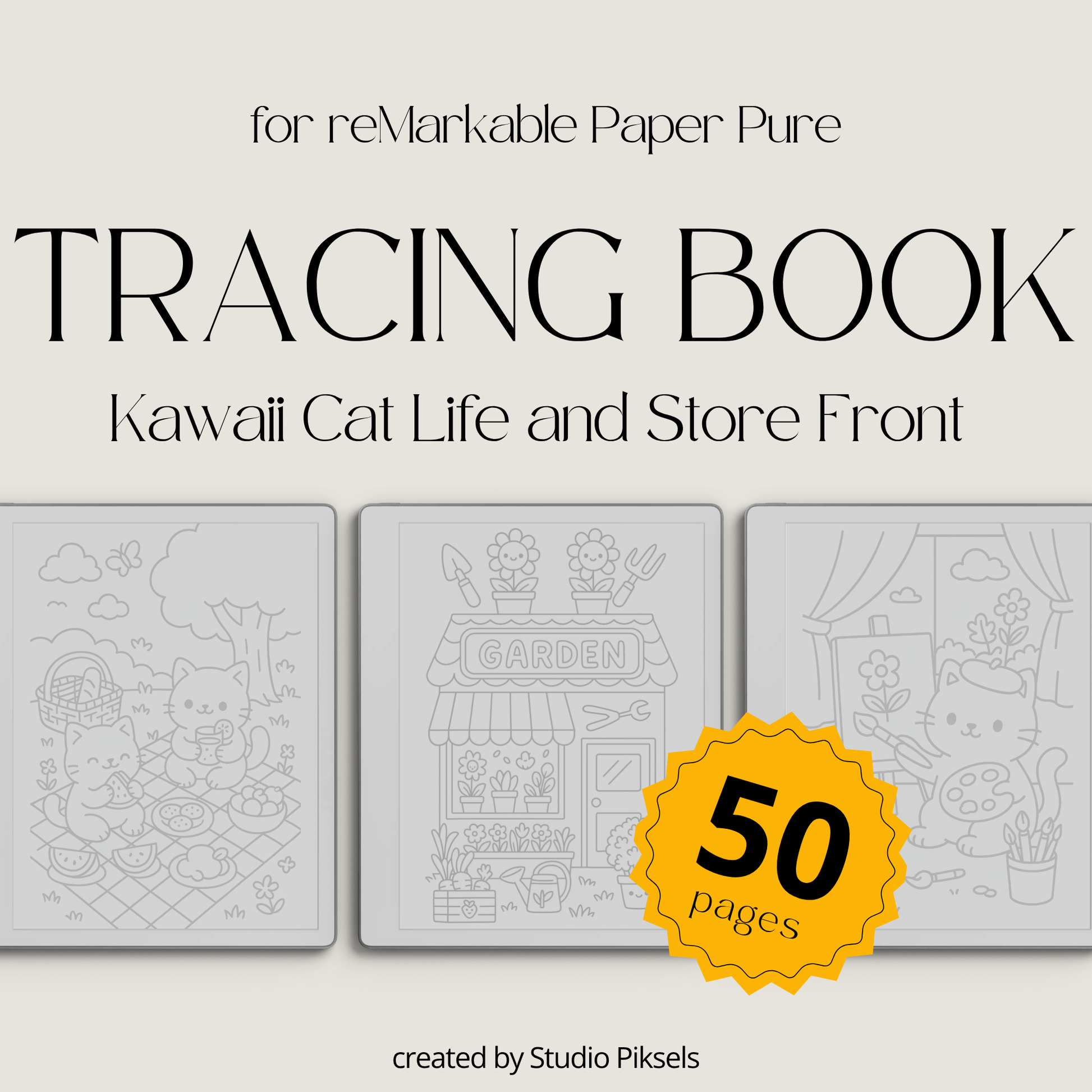 Kawaii tracing book bundle for reMarkable 1, reMarkable 2, and Paper Pure with cute cat life scenes, storefront illustrations, and reusable PDF drawing practice pages.