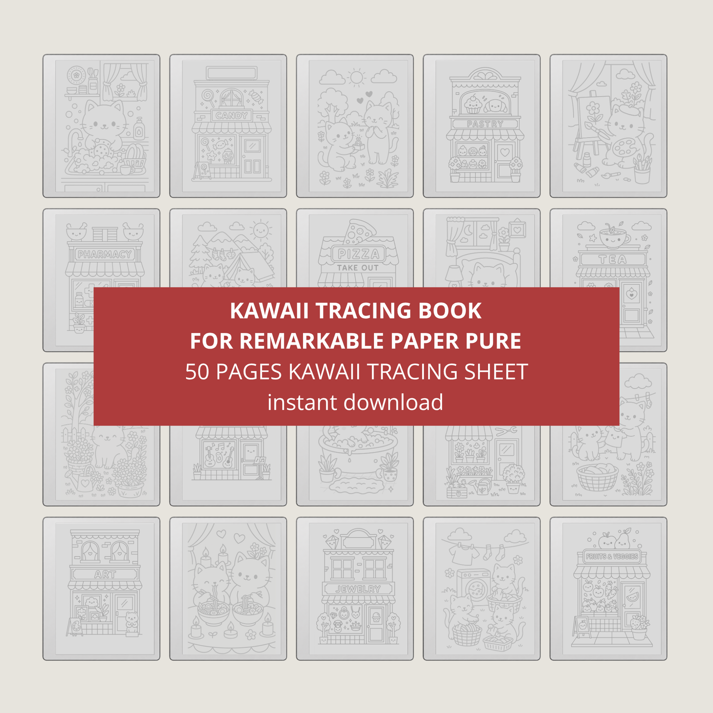 Kawaii tracing book bundle for reMarkable 1, reMarkable 2, and Paper Pure with cute cat life scenes, storefront illustrations, and reusable PDF drawing practice pages.