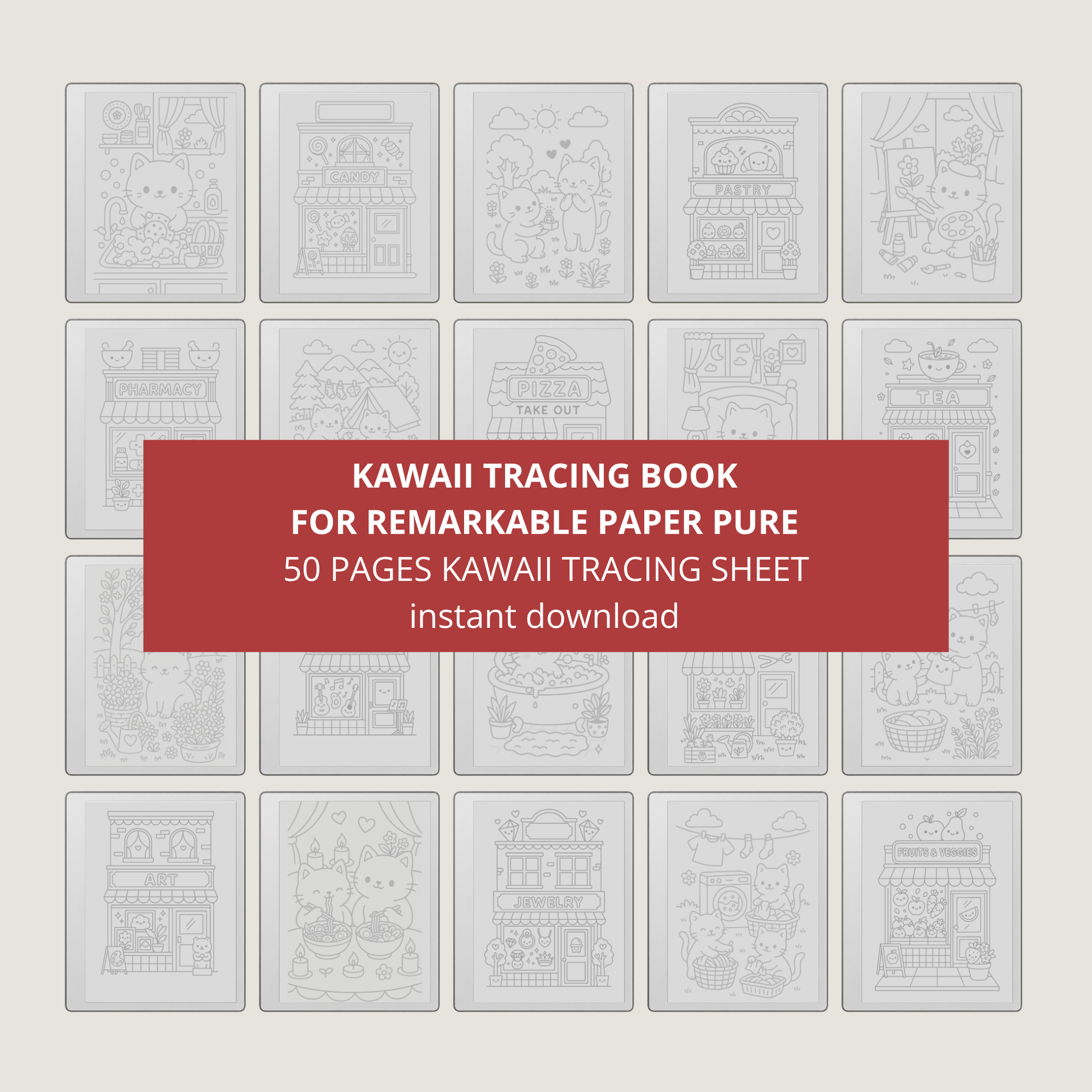 Kawaii tracing book bundle for reMarkable 1, reMarkable 2, and Paper Pure with cute cat life scenes, storefront illustrations, and reusable PDF drawing practice pages.