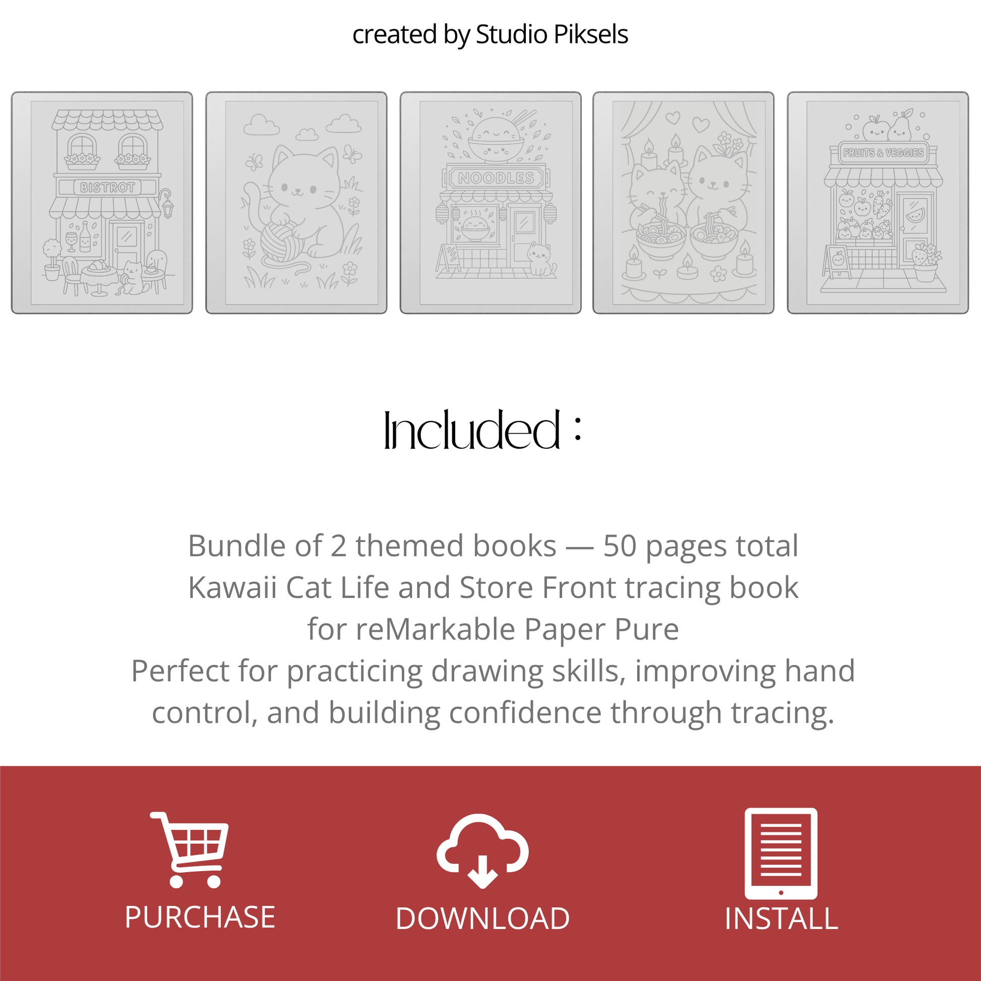 Kawaii tracing book bundle for reMarkable 1, reMarkable 2, and Paper Pure with cute cat life scenes, storefront illustrations, and reusable PDF drawing practice pages.